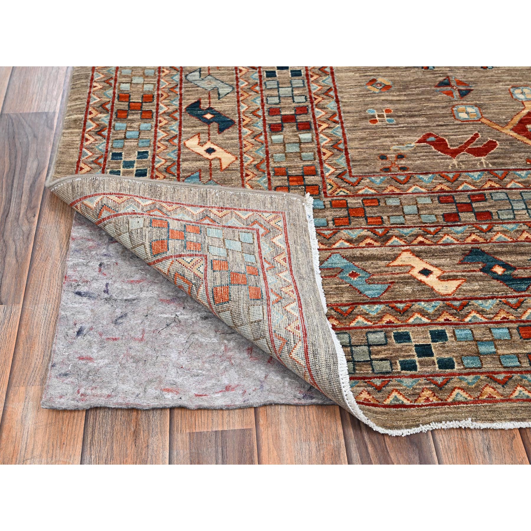 9'1"x11'6" Taupe Gray, Armenian Inspired Caucasian Design, Small Bird Figurines, Velvety Wool, Densely Woven, 200 KPSI, Hand Knotted, Natural Dyes, Oriental Rug Sh1143