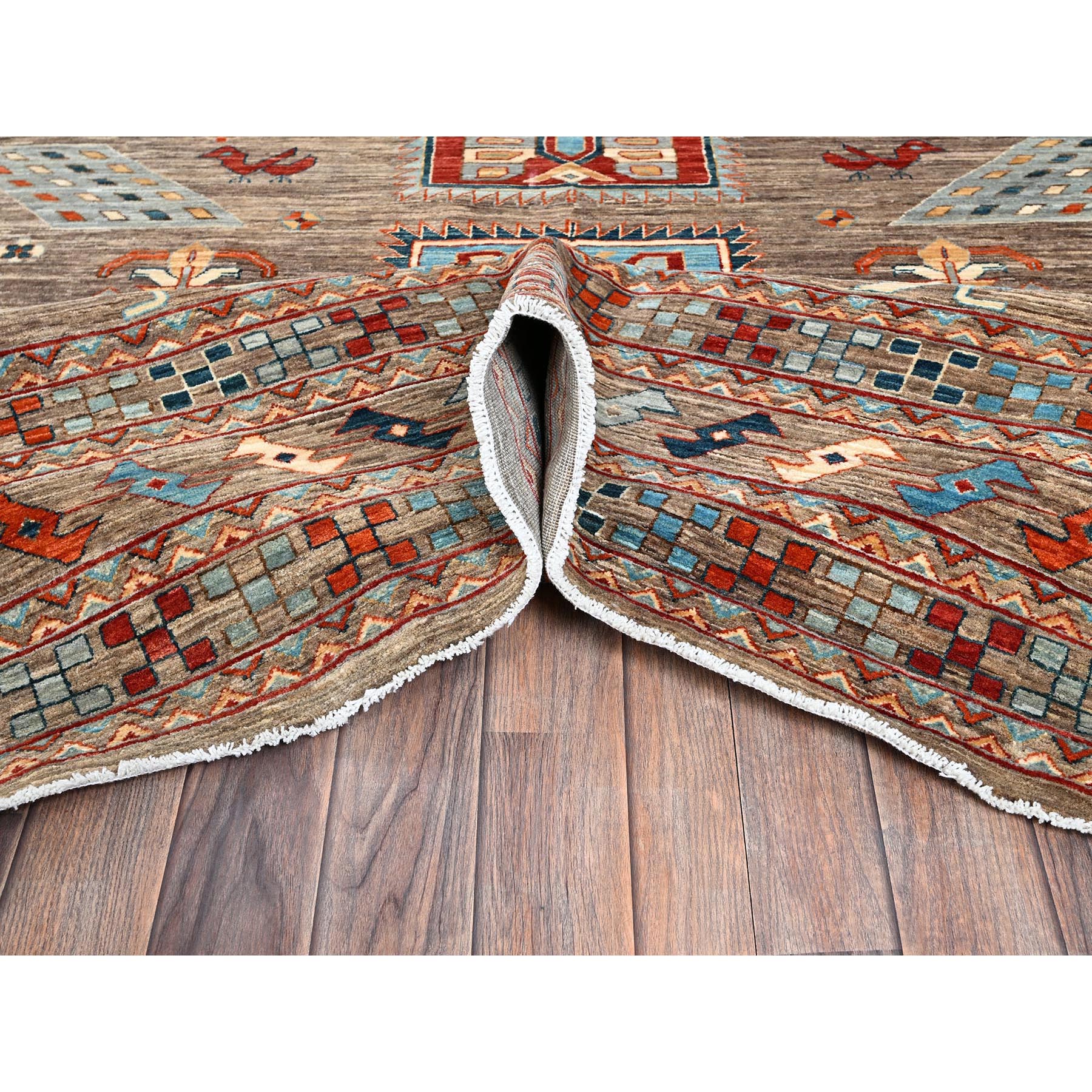 9'1"x11'6" Taupe Gray, Armenian Inspired Caucasian Design, Small Bird Figurines, Velvety Wool, Densely Woven, 200 KPSI, Hand Knotted, Natural Dyes, Oriental Rug Sh1143