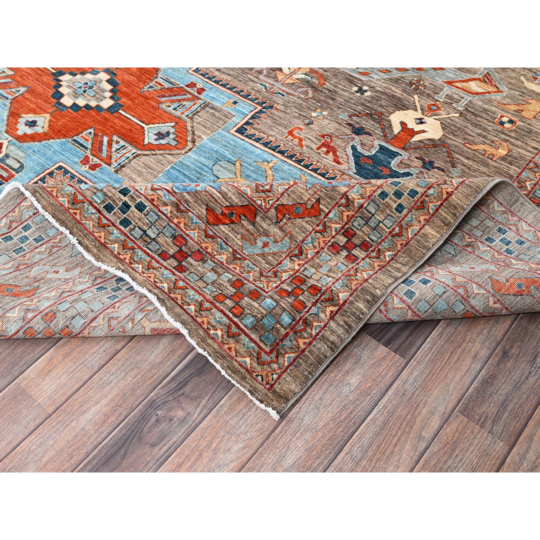 9'1"x11'6" Taupe Gray, Armenian Inspired Caucasian Design, Small Bird Figurines, Velvety Wool, Densely Woven, 200 KPSI, Hand Knotted, Natural Dyes, Oriental Rug Sh1143