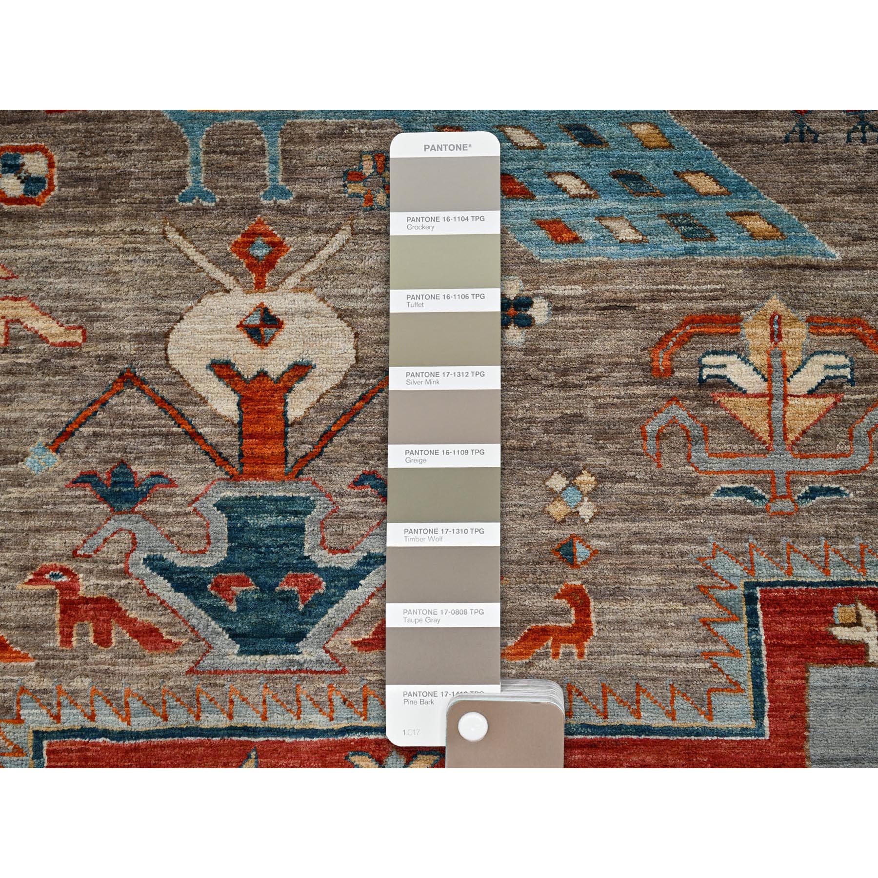 9'1"x11'6" Taupe Gray, Armenian Inspired Caucasian Design, Small Bird Figurines, Velvety Wool, Densely Woven, 200 KPSI, Hand Knotted, Natural Dyes, Oriental Rug Sh1143