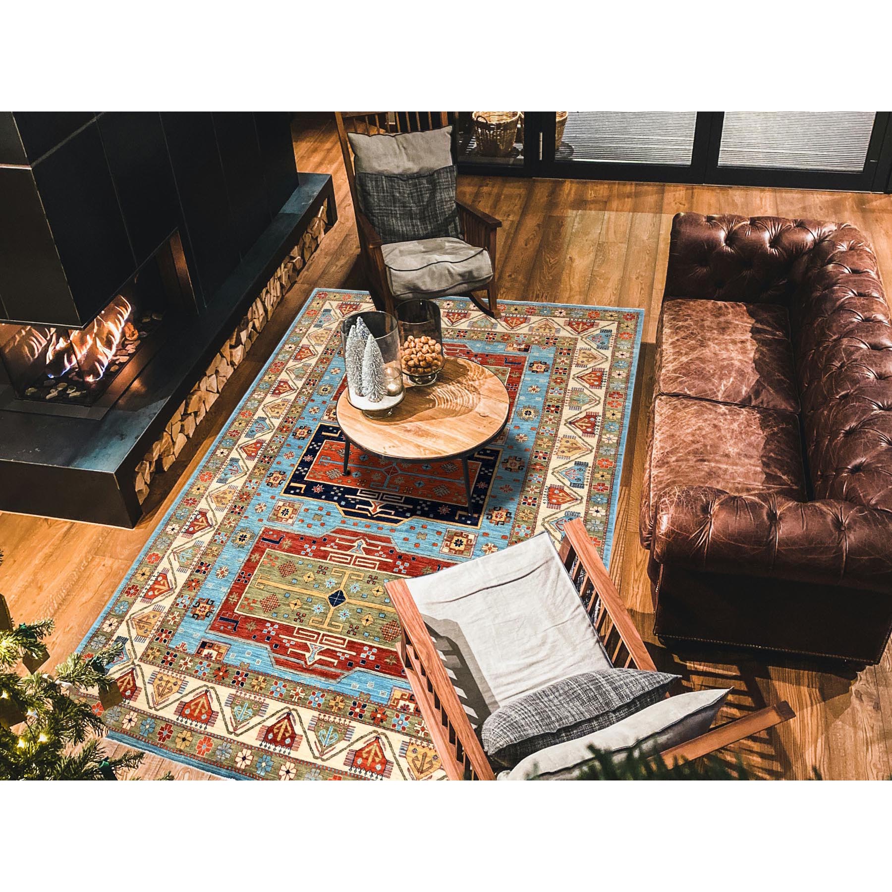 6'x8'6" Maya Blue, Armenian Inspired Caucasian Design, Small Bird Figurines, Super Fine Wool, Densely Woven, 200 KPSI, Hand Knotted, Natural Dyes, Oriental Rug Sh1144