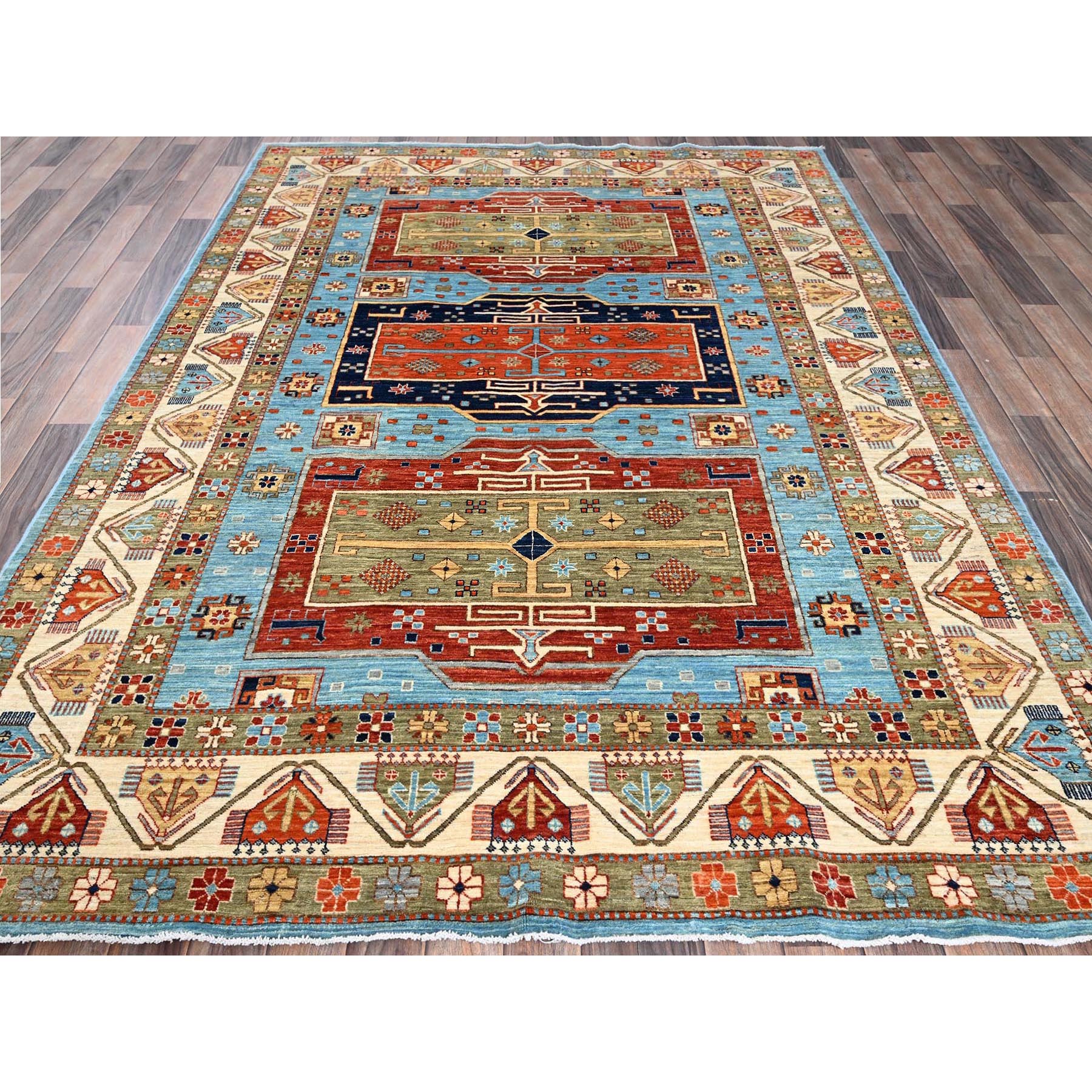 6'x8'6" Maya Blue, Armenian Inspired Caucasian Design, Small Bird Figurines, Super Fine Wool, Densely Woven, 200 KPSI, Hand Knotted, Natural Dyes, Oriental Rug Sh1144