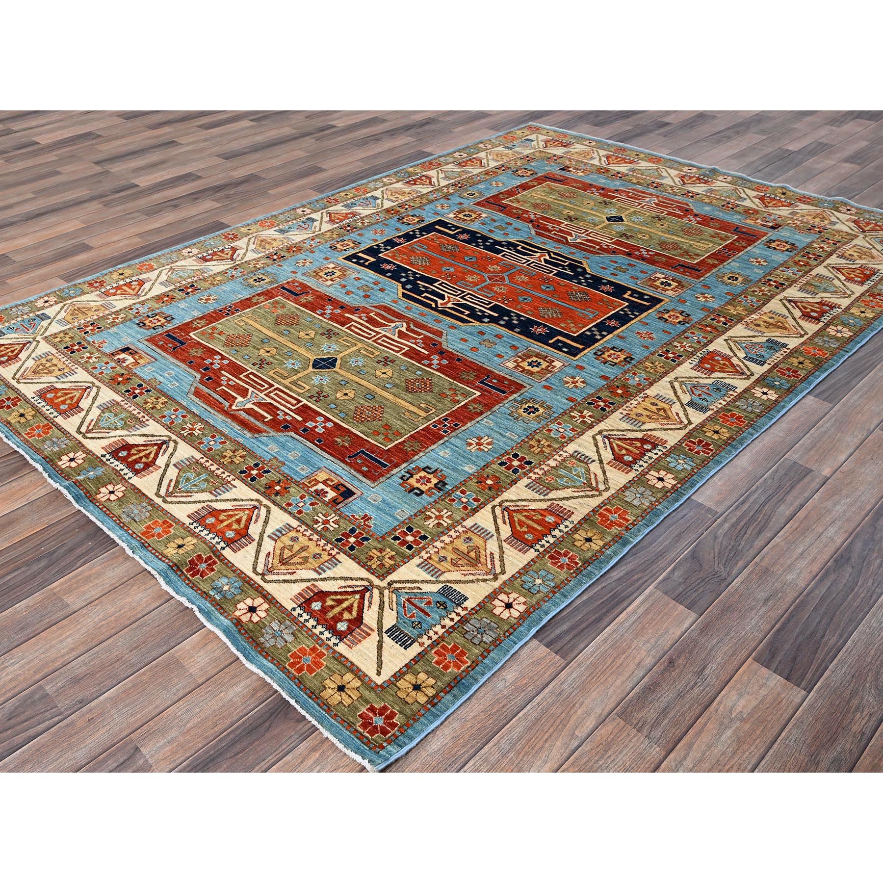 6'x8'6" Maya Blue, Armenian Inspired Caucasian Design, Small Bird Figurines, Super Fine Wool, Densely Woven, 200 KPSI, Hand Knotted, Natural Dyes, Oriental Rug Sh1144