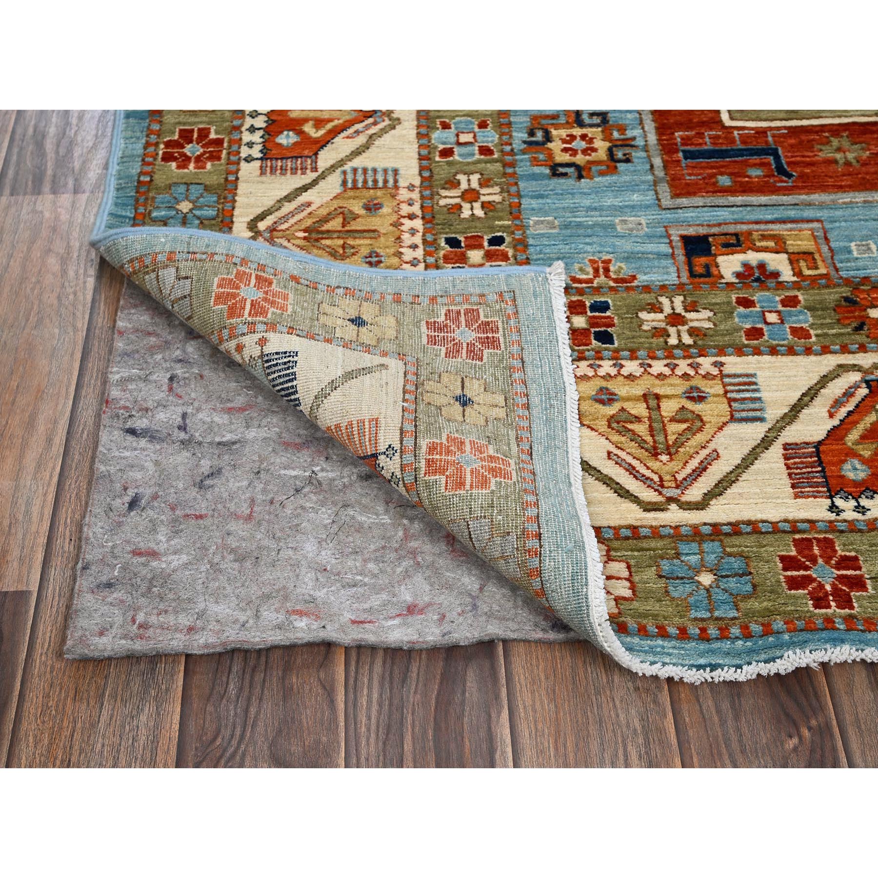 6'x8'6" Maya Blue, Armenian Inspired Caucasian Design, Small Bird Figurines, Super Fine Wool, Densely Woven, 200 KPSI, Hand Knotted, Natural Dyes, Oriental Rug Sh1144