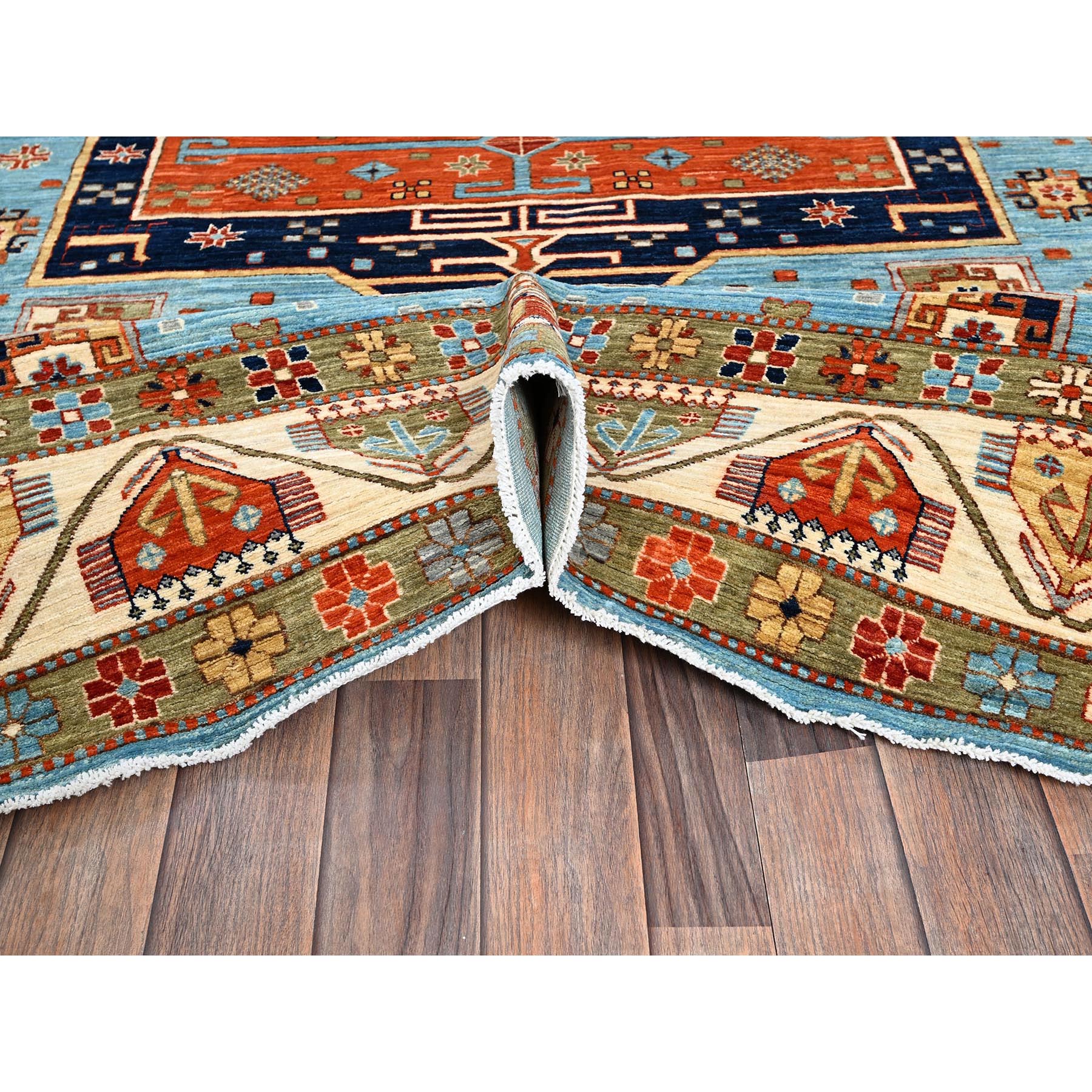 6'x8'6" Maya Blue, Armenian Inspired Caucasian Design, Small Bird Figurines, Super Fine Wool, Densely Woven, 200 KPSI, Hand Knotted, Natural Dyes, Oriental Rug Sh1144