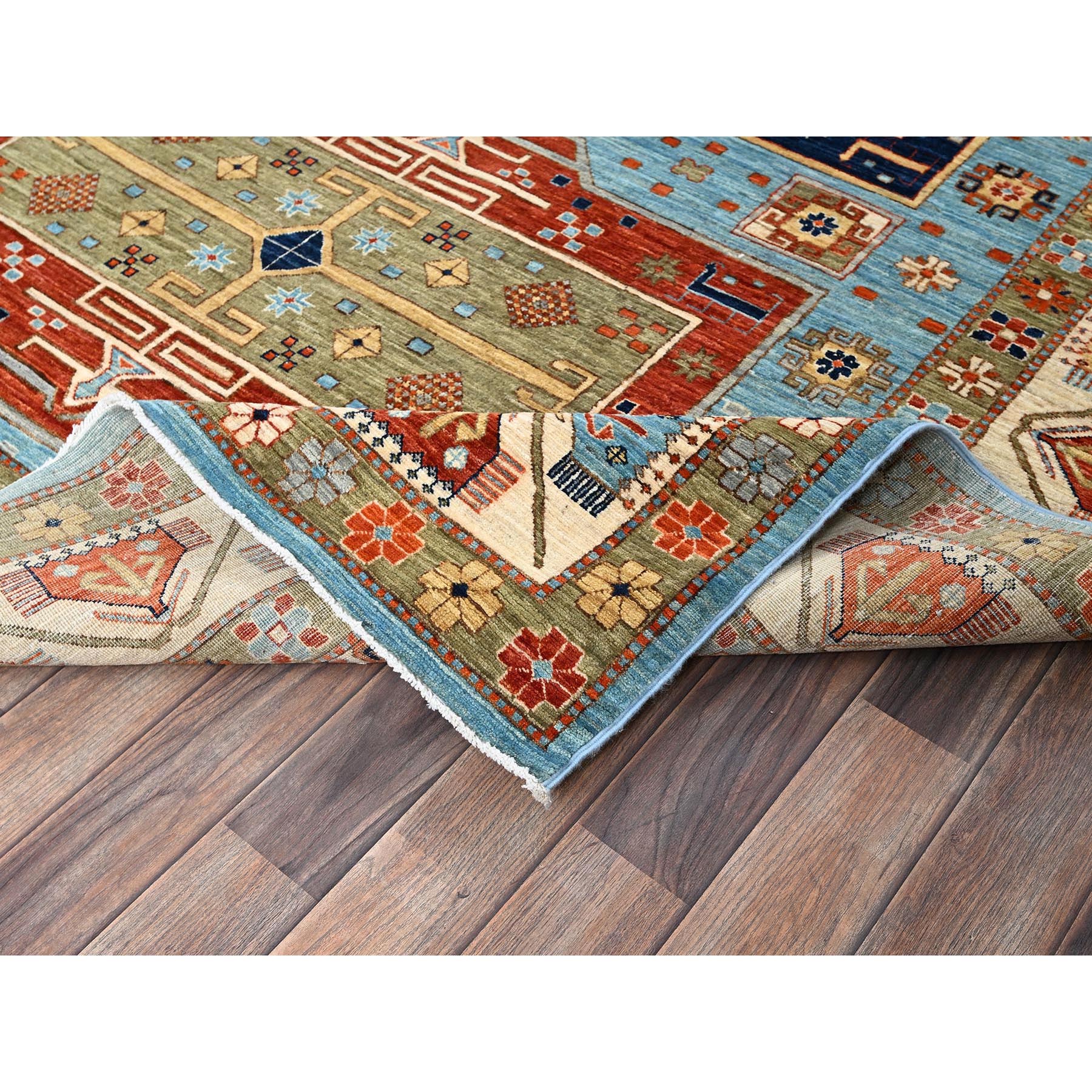6'x8'6" Maya Blue, Armenian Inspired Caucasian Design, Small Bird Figurines, Super Fine Wool, Densely Woven, 200 KPSI, Hand Knotted, Natural Dyes, Oriental Rug Sh1144