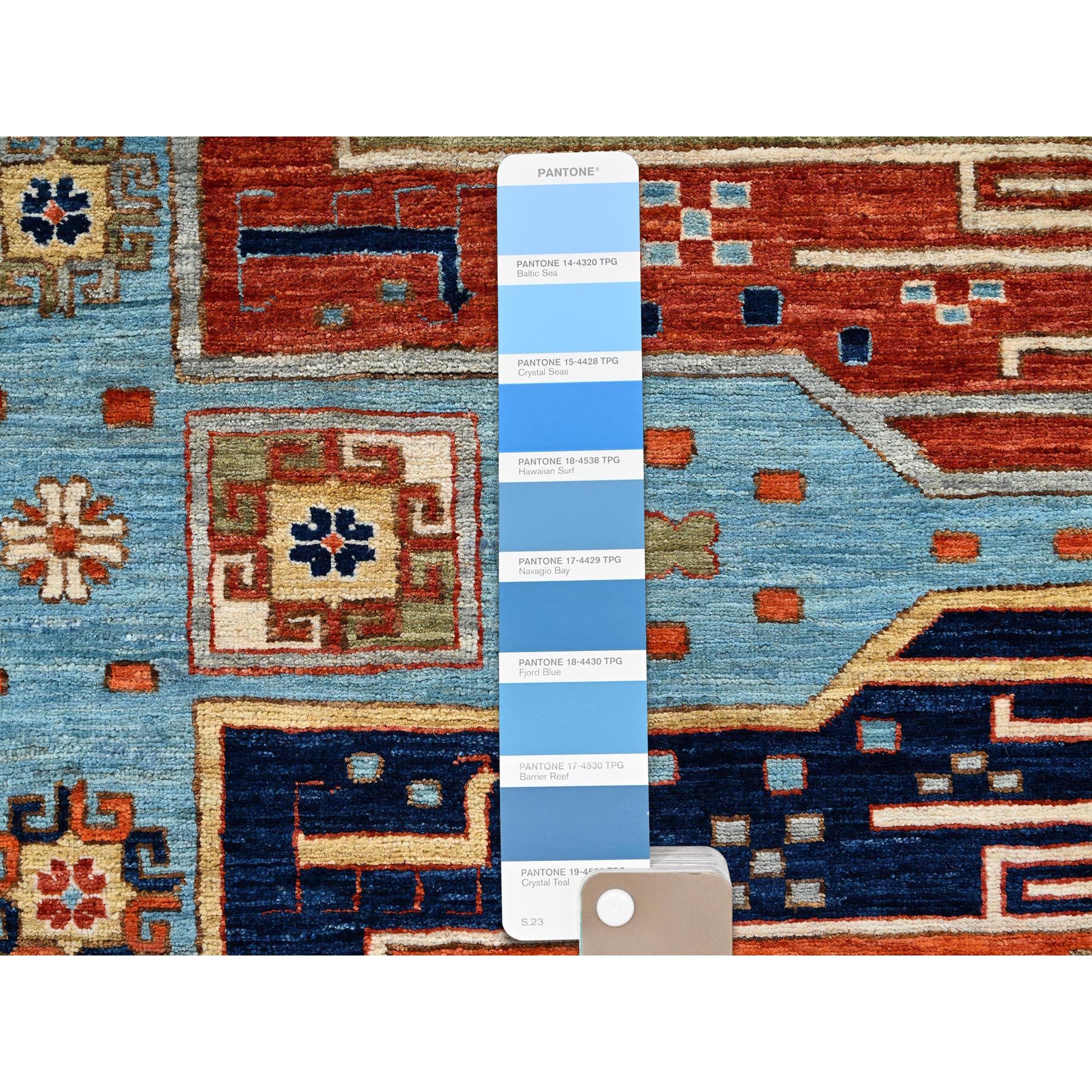 6'x8'6" Maya Blue, Armenian Inspired Caucasian Design, Small Bird Figurines, Super Fine Wool, Densely Woven, 200 KPSI, Hand Knotted, Natural Dyes, Oriental Rug Sh1144