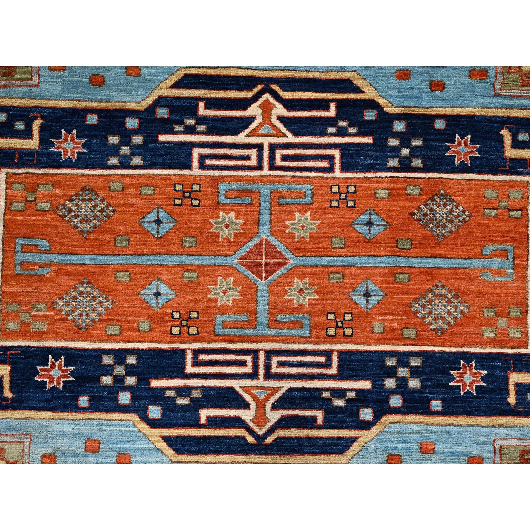 6'x8'6" Maya Blue, Armenian Inspired Caucasian Design, Small Bird Figurines, Super Fine Wool, Densely Woven, 200 KPSI, Hand Knotted, Natural Dyes, Oriental Rug Sh1144