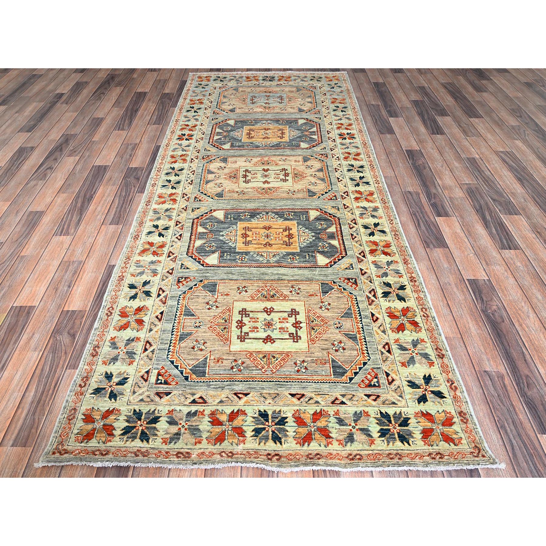 4'x9'5" Light Green, Armenian Inspired Caucasian Design, Super Fine Wool, 200 KPSI, Vegetable Dyes, Hand Knotted, Wide Runner, Oriental Rug Sh1145