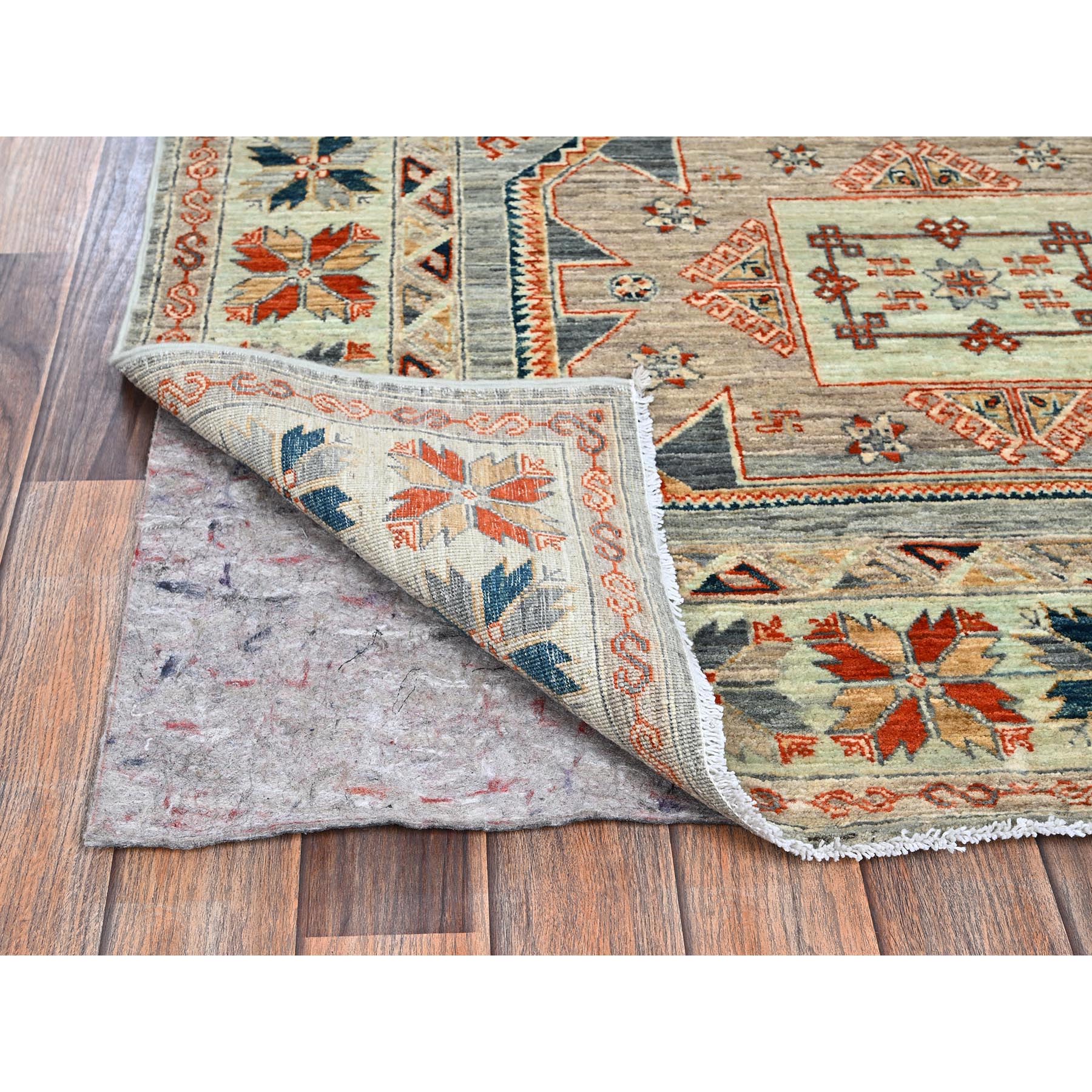 4'x9'5" Light Green, Armenian Inspired Caucasian Design, Super Fine Wool, 200 KPSI, Vegetable Dyes, Hand Knotted, Wide Runner, Oriental Rug Sh1145