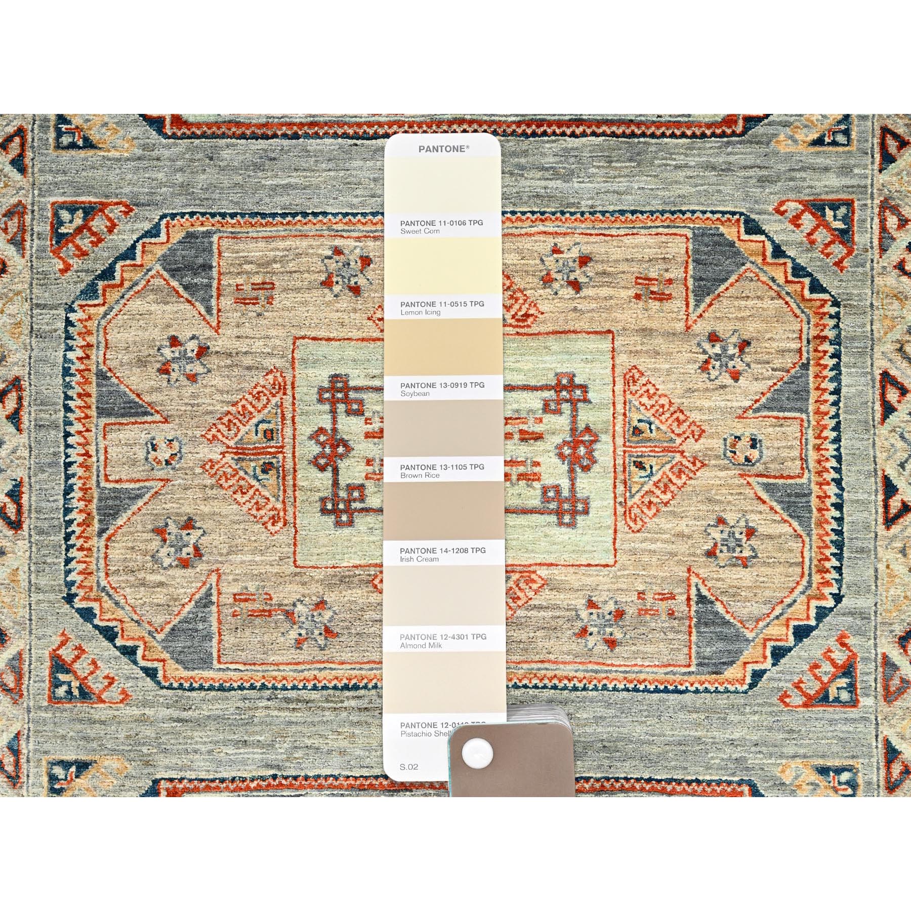 4'x9'5" Light Green, Armenian Inspired Caucasian Design, Super Fine Wool, 200 KPSI, Vegetable Dyes, Hand Knotted, Wide Runner, Oriental Rug Sh1145
