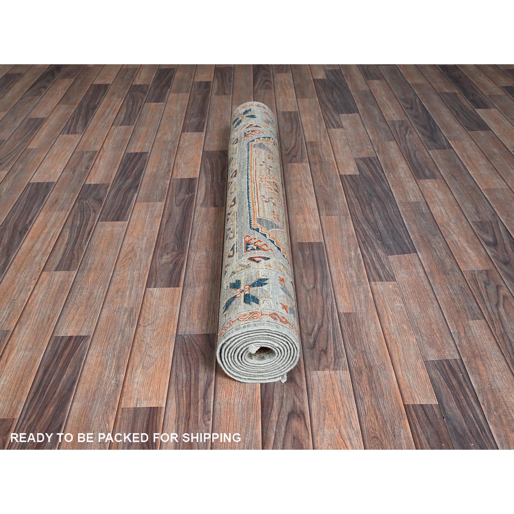 4'x9'5" Light Green, Armenian Inspired Caucasian Design, Super Fine Wool, 200 KPSI, Vegetable Dyes, Hand Knotted, Wide Runner, Oriental Rug Sh1145