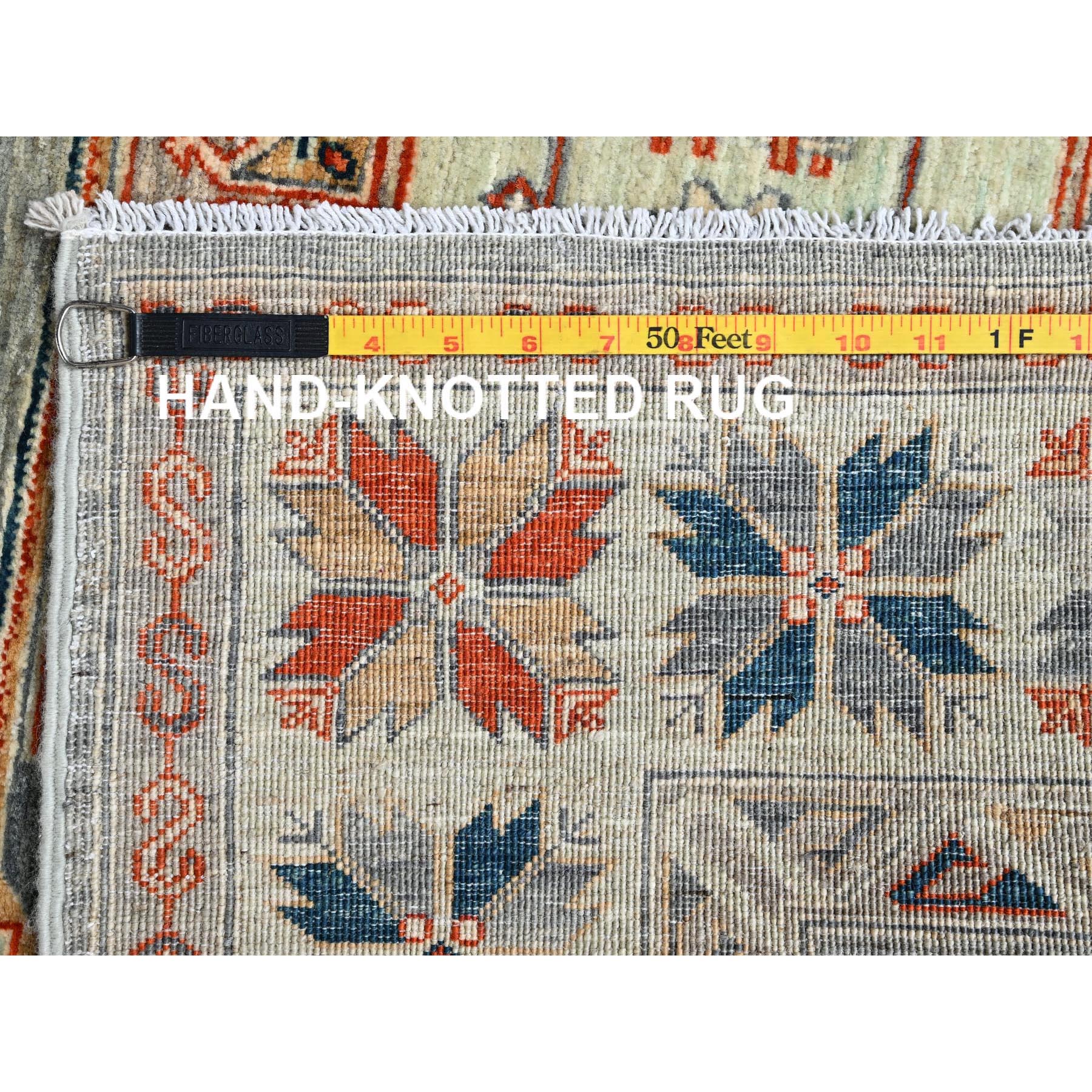 4'x9'5" Light Green, Armenian Inspired Caucasian Design, Super Fine Wool, 200 KPSI, Vegetable Dyes, Hand Knotted, Wide Runner, Oriental Rug Sh1145