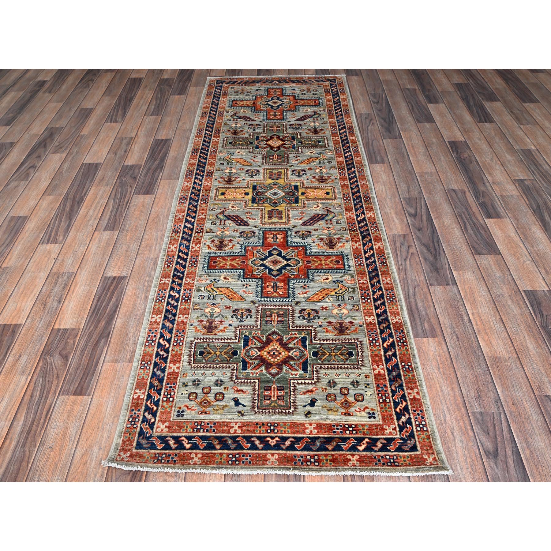 2'9"x8' Misty Gray, Armenian Inspired Caucasian Design with Bird Figurines, 200 KPSI, Super Fine Wool, Hand Knotted, Denser Weave, Vegetable Dyes, Runner, Oriental Rug Sh1146