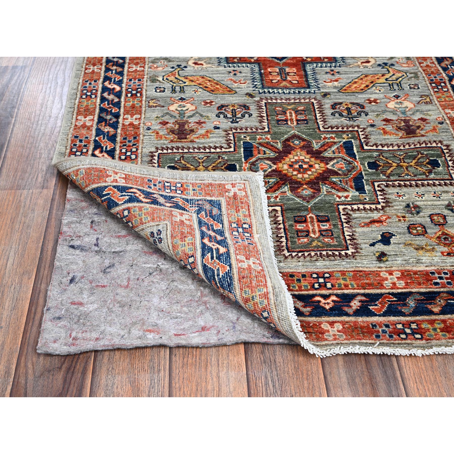 2'9"x8' Misty Gray, Armenian Inspired Caucasian Design with Bird Figurines, 200 KPSI, Super Fine Wool, Hand Knotted, Denser Weave, Vegetable Dyes, Runner, Oriental Rug Sh1146