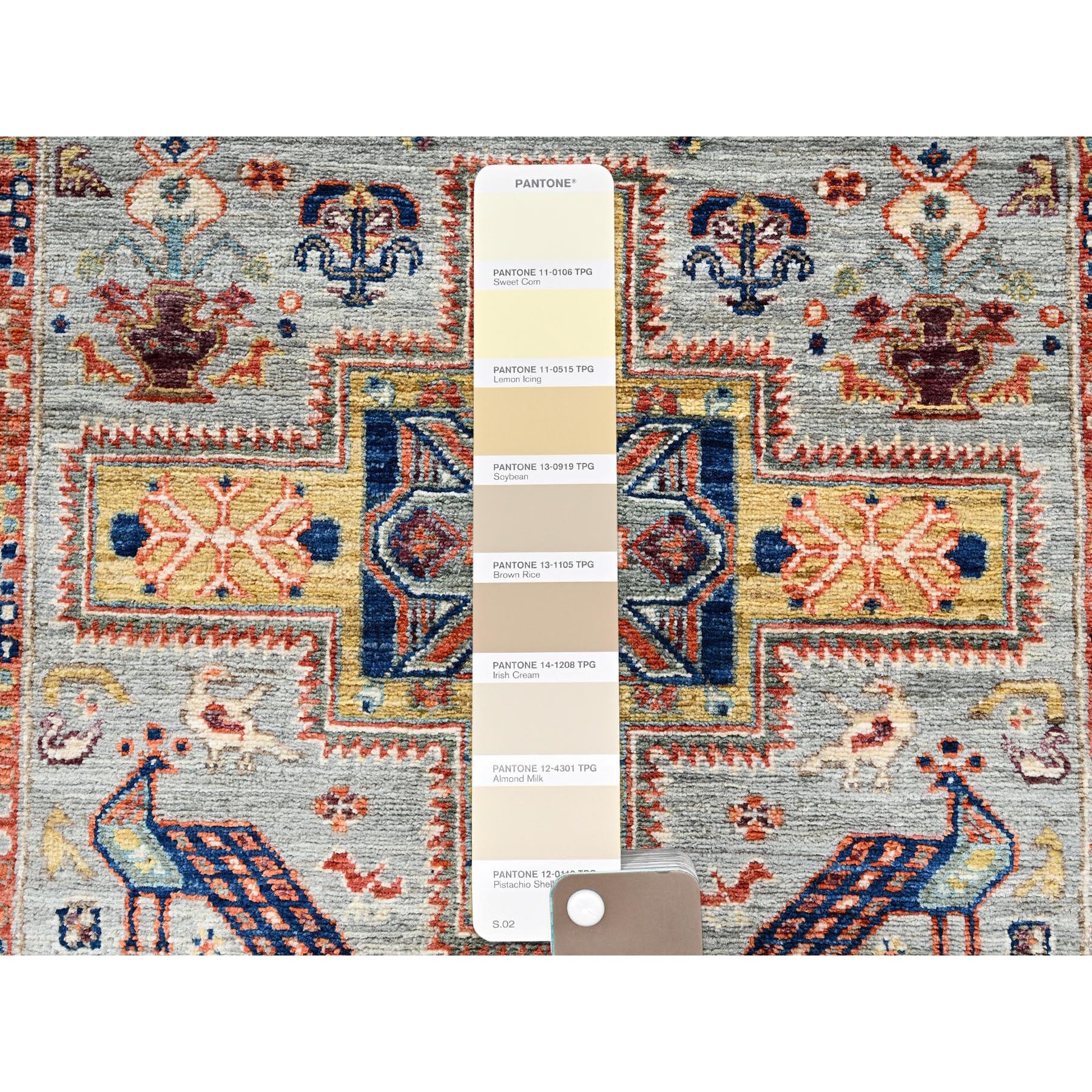 2'9"x8' Misty Gray, Armenian Inspired Caucasian Design with Bird Figurines, 200 KPSI, Super Fine Wool, Hand Knotted, Denser Weave, Vegetable Dyes, Runner, Oriental Rug Sh1146