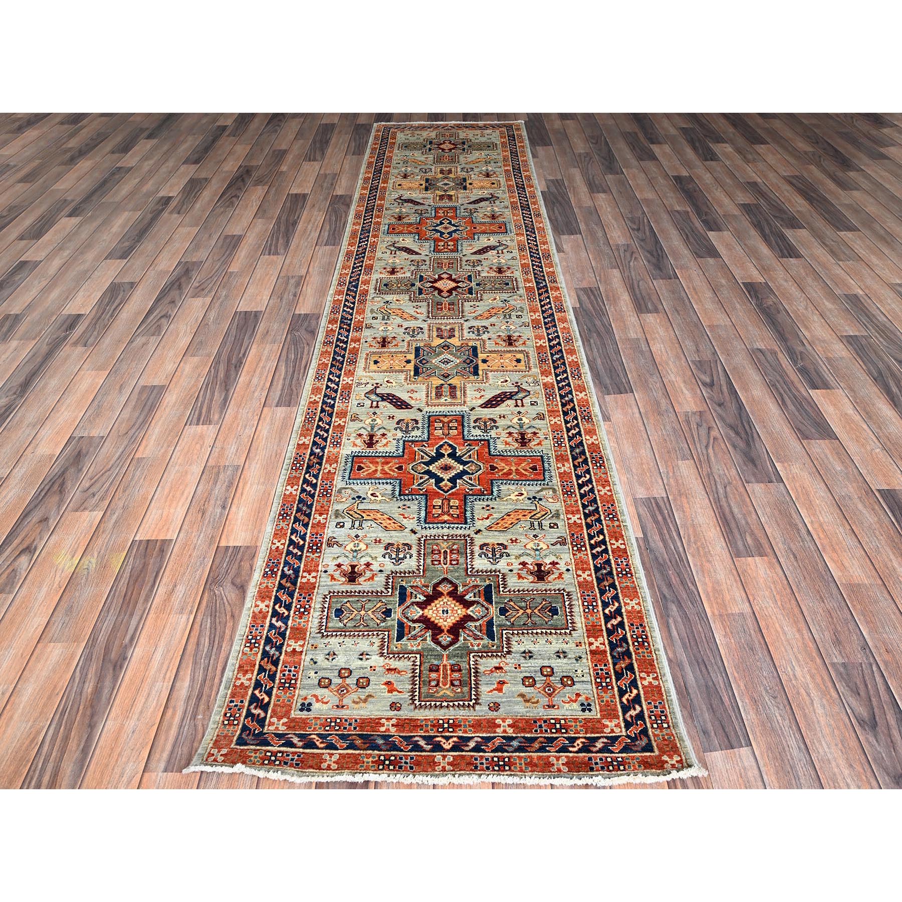 2'8"x11'3" Cloud Gray, Armenian Inspired Caucasian Design with Bird Figurines, 200 KPSI, Super Fine Wool, Hand Knotted, Vegetable Dyes, Denser Weave, Runner, Oriental Rug Sh1147