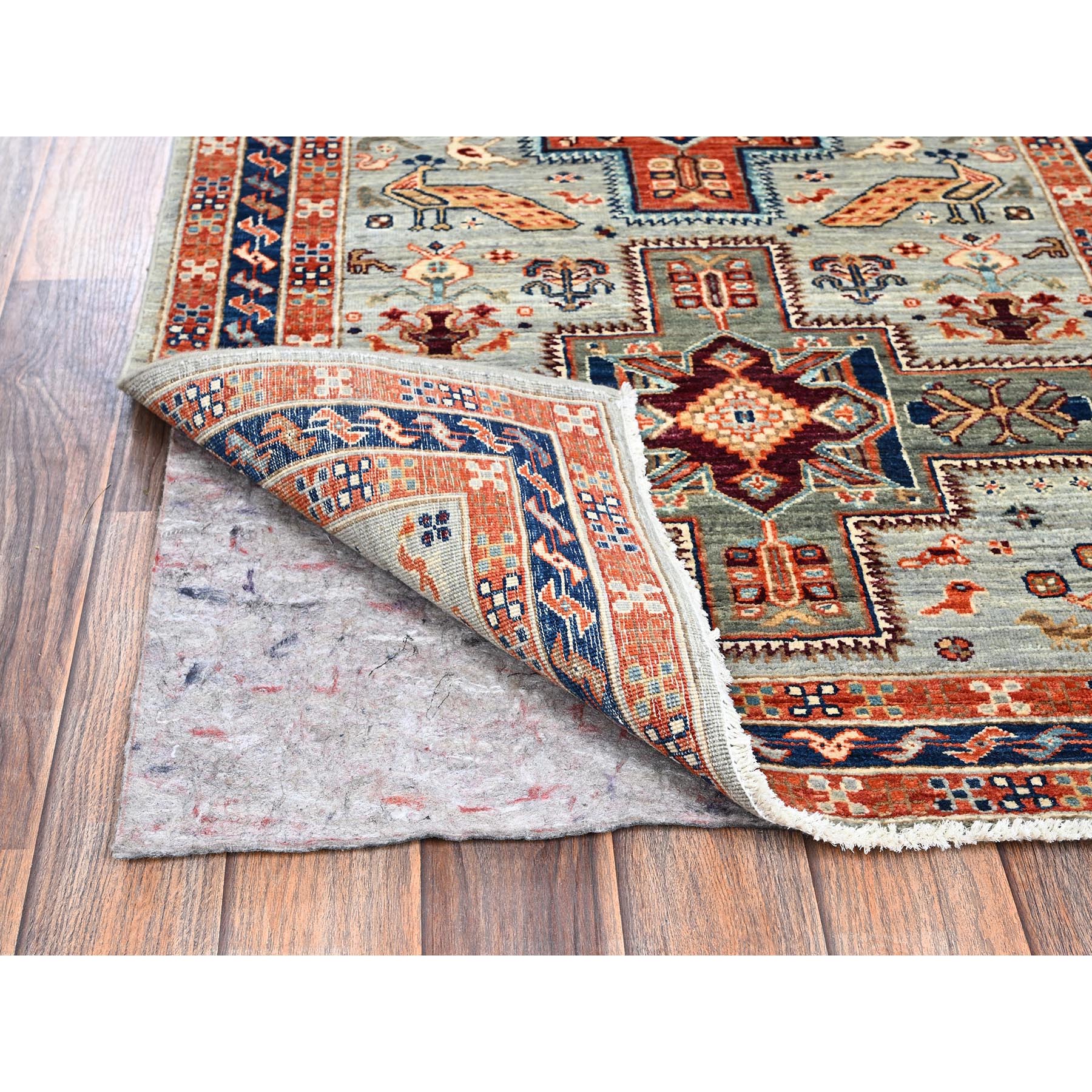 2'8"x11'3" Cloud Gray, Armenian Inspired Caucasian Design with Bird Figurines, 200 KPSI, Super Fine Wool, Hand Knotted, Vegetable Dyes, Denser Weave, Runner, Oriental Rug Sh1147
