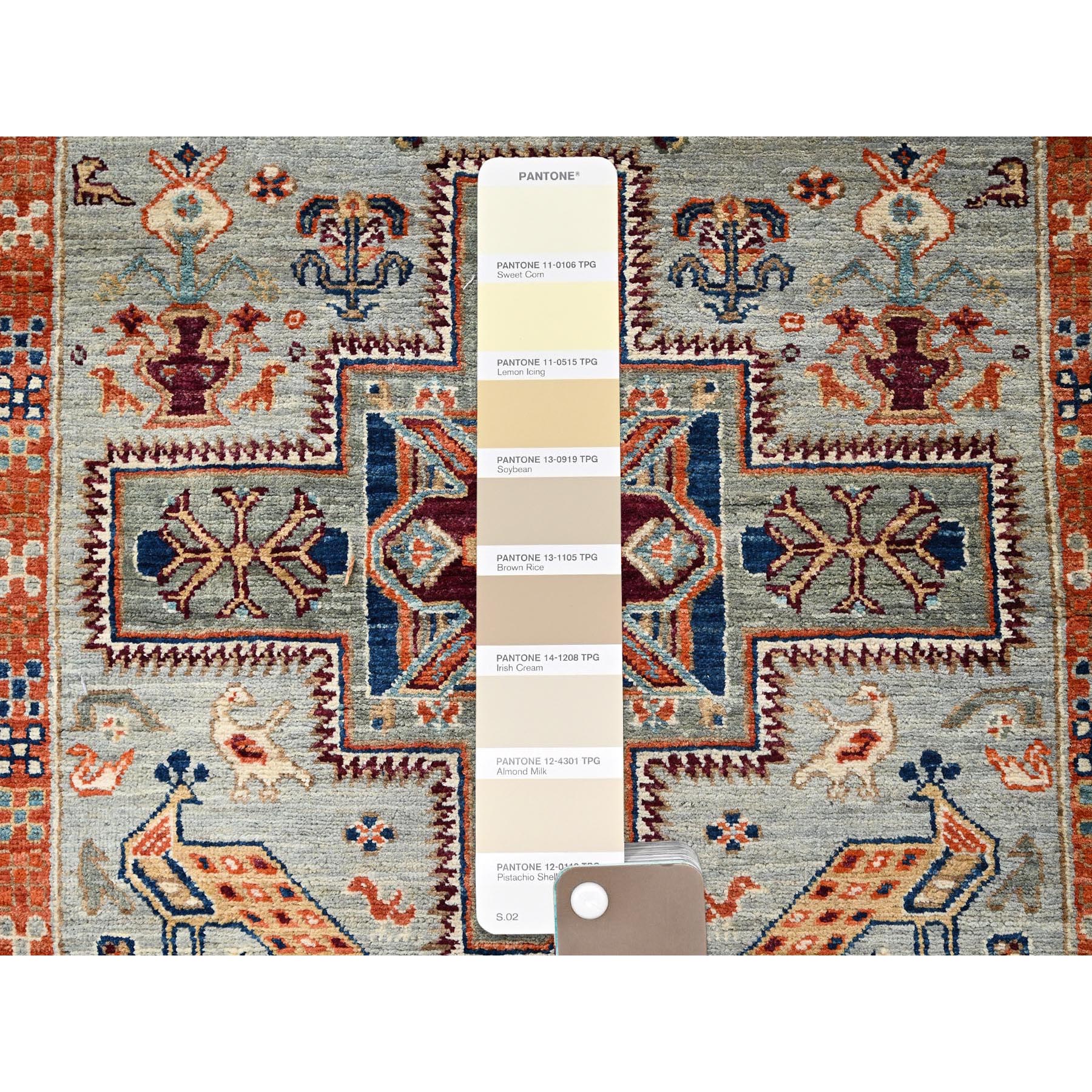 2'8"x11'3" Cloud Gray, Armenian Inspired Caucasian Design with Bird Figurines, 200 KPSI, Super Fine Wool, Hand Knotted, Vegetable Dyes, Denser Weave, Runner, Oriental Rug Sh1147