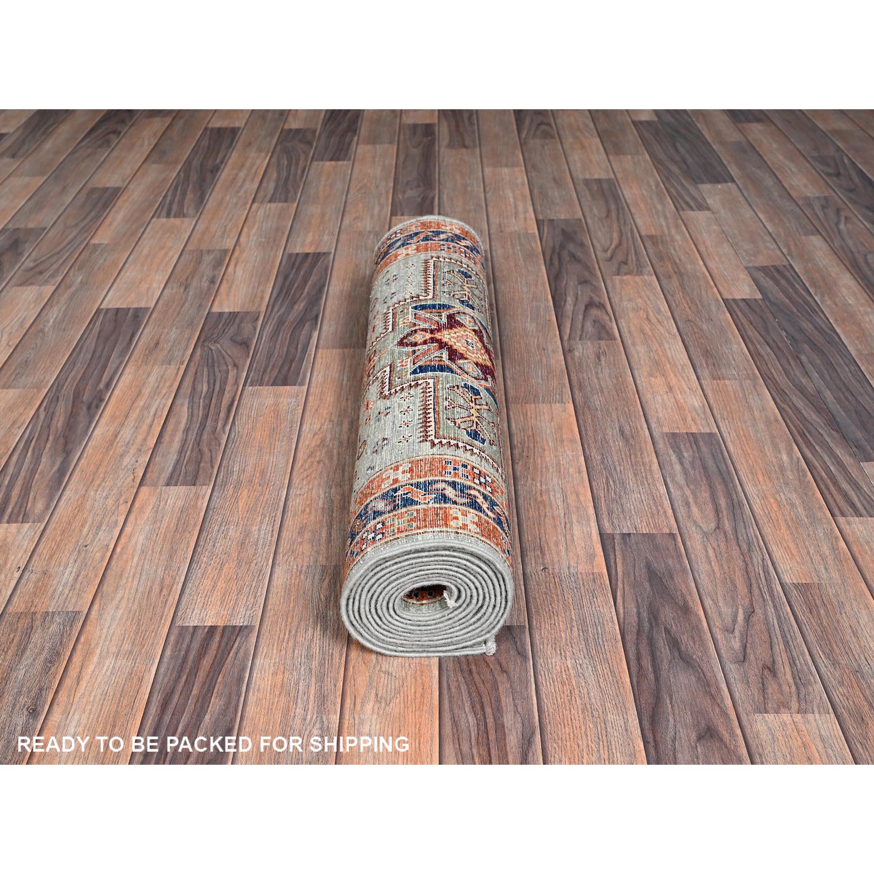 2'8"x11'3" Cloud Gray, Armenian Inspired Caucasian Design with Bird Figurines, 200 KPSI, Super Fine Wool, Hand Knotted, Vegetable Dyes, Denser Weave, Runner, Oriental Rug Sh1147