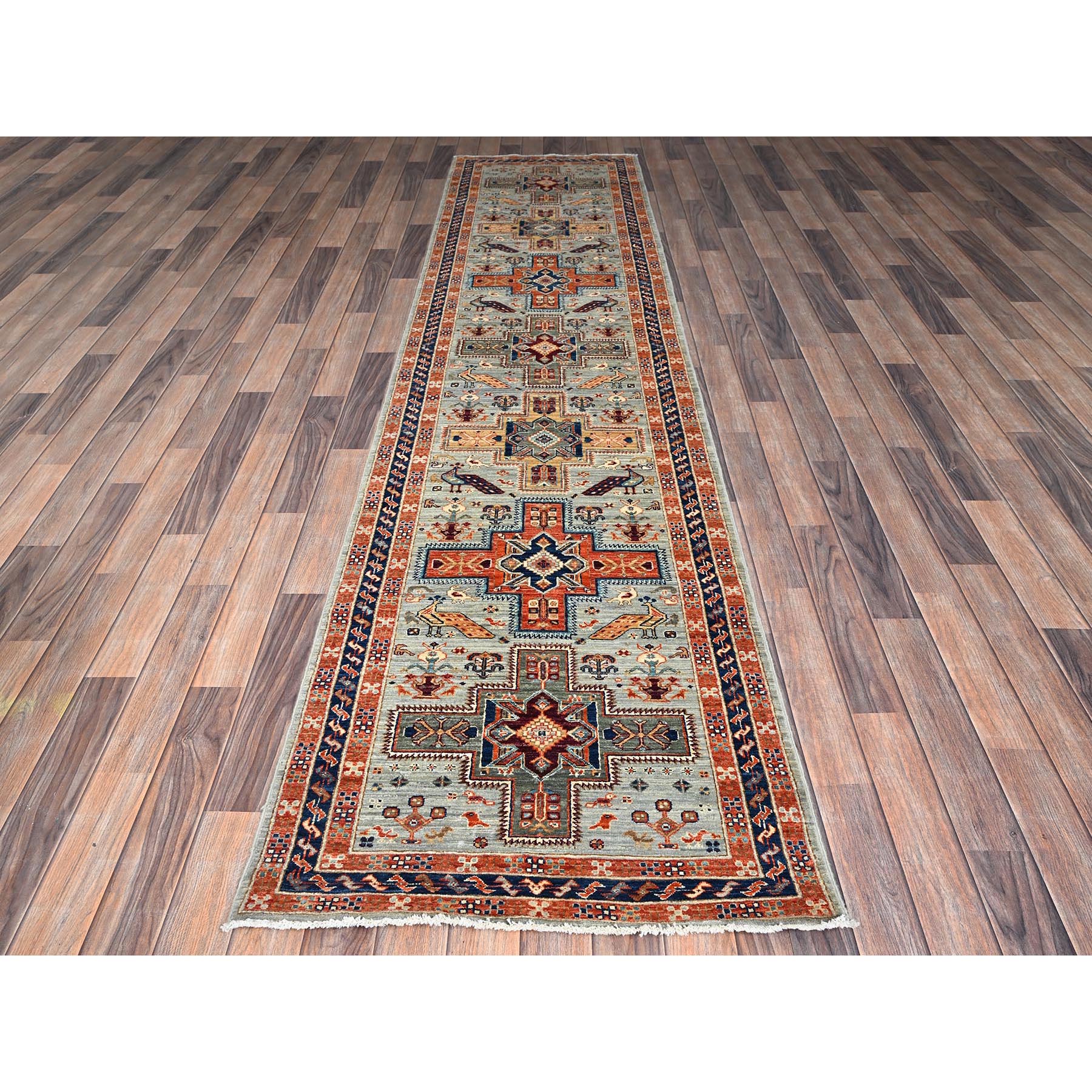 2'7"x11'3" Misty Gray, Armenian Inspired Caucasian Design with Bird Figurines, 200 KPSI, Super Fine Wool, Hand Knotted, Denser Weave, Vegetable Dyes, Runner, Oriental Rug Sh1148