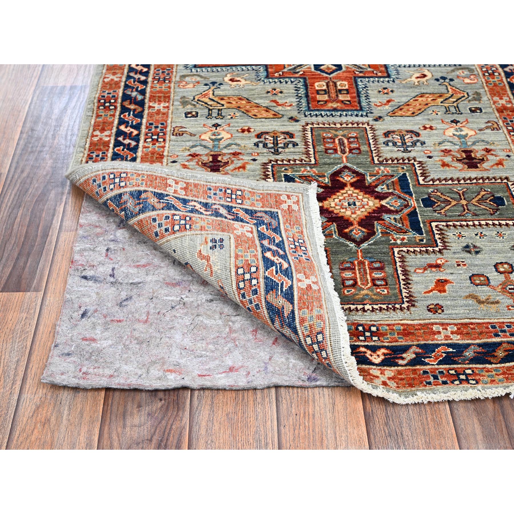 2'7"x11'3" Misty Gray, Armenian Inspired Caucasian Design with Bird Figurines, 200 KPSI, Super Fine Wool, Hand Knotted, Denser Weave, Vegetable Dyes, Runner, Oriental Rug Sh1148