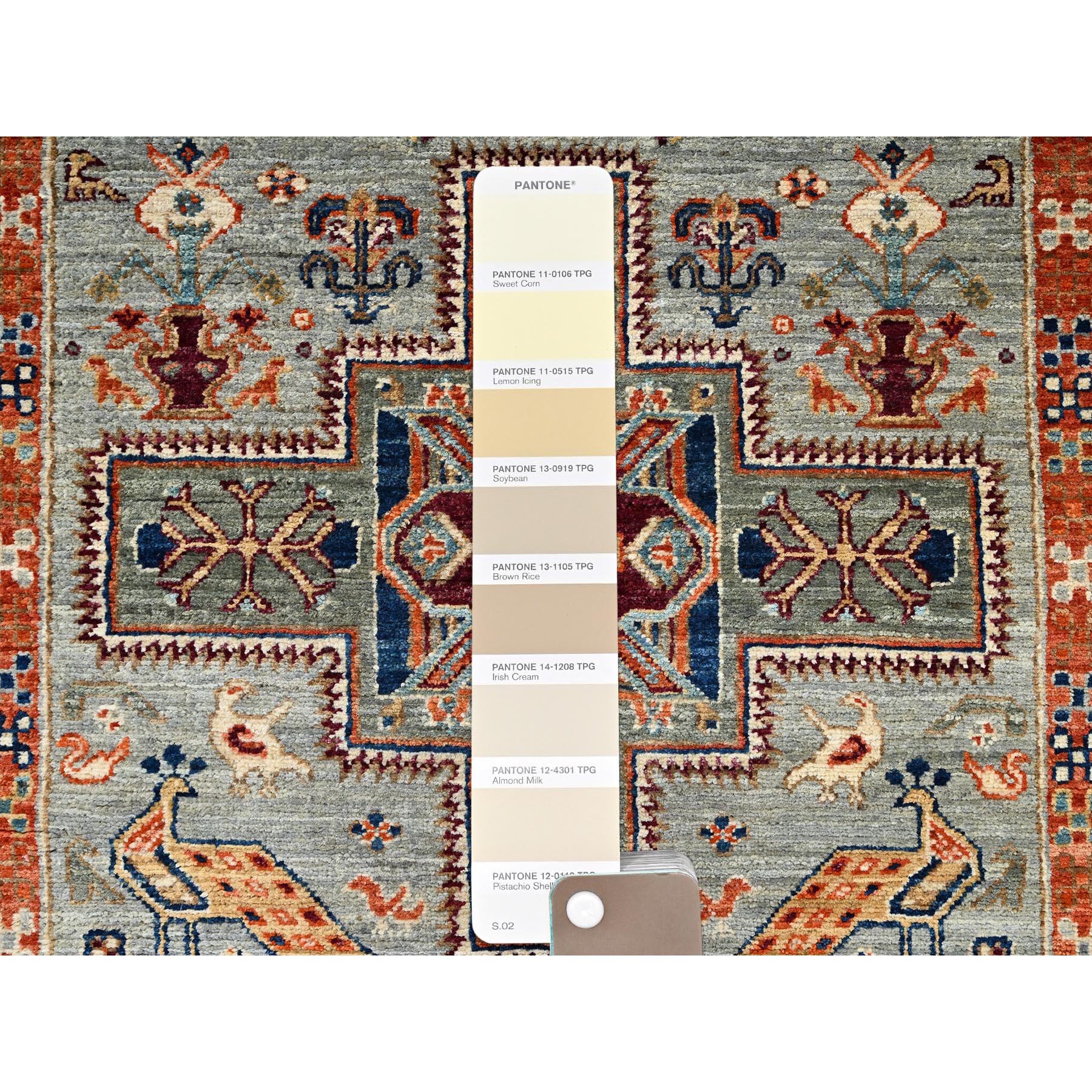 2'7"x11'3" Misty Gray, Armenian Inspired Caucasian Design with Bird Figurines, 200 KPSI, Super Fine Wool, Hand Knotted, Denser Weave, Vegetable Dyes, Runner, Oriental Rug Sh1148