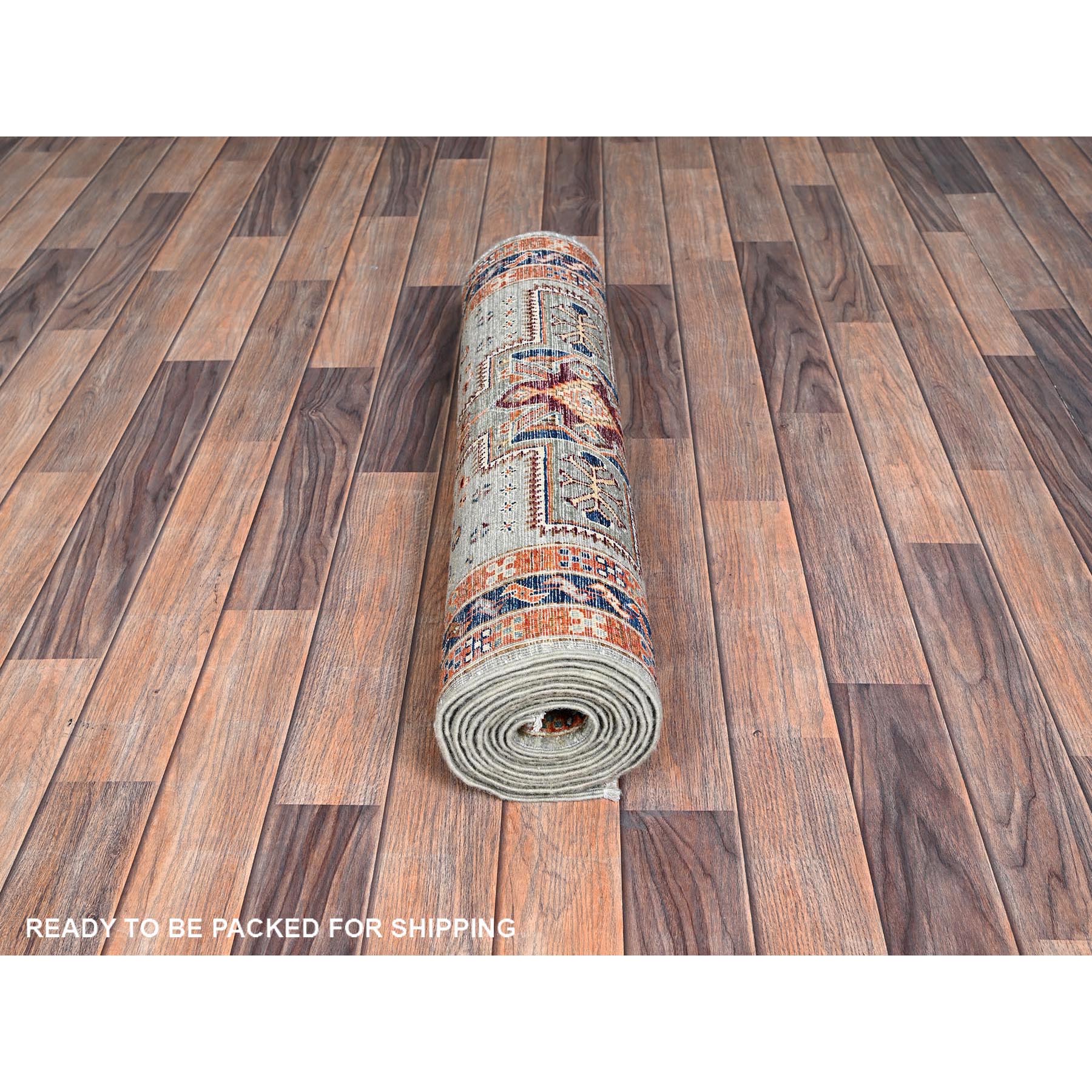 2'7"x11'3" Misty Gray, Armenian Inspired Caucasian Design with Bird Figurines, 200 KPSI, Super Fine Wool, Hand Knotted, Denser Weave, Vegetable Dyes, Runner, Oriental Rug Sh1148