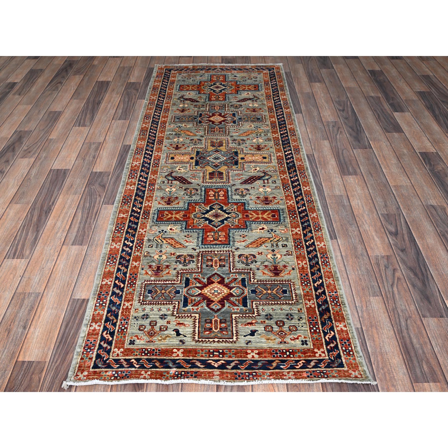 2'9"x7'6" Pastel Gray, Armenian Inspired Caucasian Design with Bird Figurines, 200 KPSI, Super Fine Wool, Hand Knotted, Denser Weave, Vegetable Dyes, Runner, Oriental Rug Sh1149