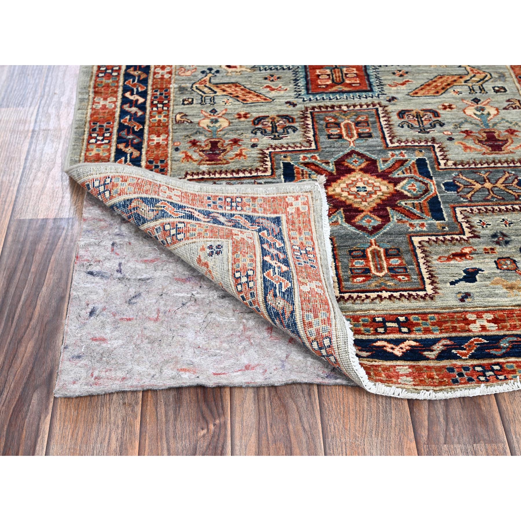 2'9"x7'6" Pastel Gray, Armenian Inspired Caucasian Design with Bird Figurines, 200 KPSI, Super Fine Wool, Hand Knotted, Denser Weave, Vegetable Dyes, Runner, Oriental Rug Sh1149