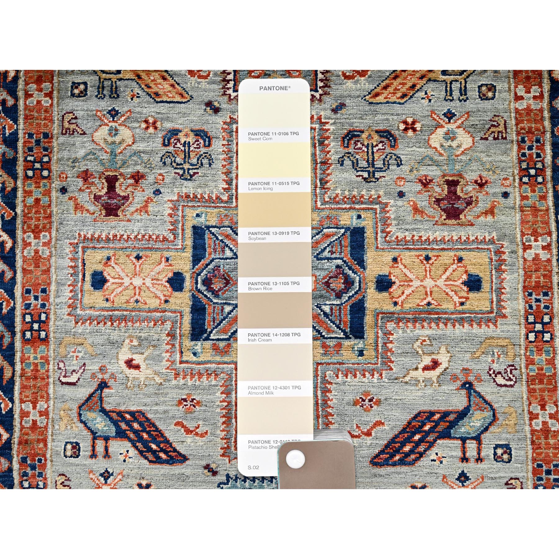 2'9"x7'6" Pastel Gray, Armenian Inspired Caucasian Design with Bird Figurines, 200 KPSI, Super Fine Wool, Hand Knotted, Denser Weave, Vegetable Dyes, Runner, Oriental Rug Sh1149