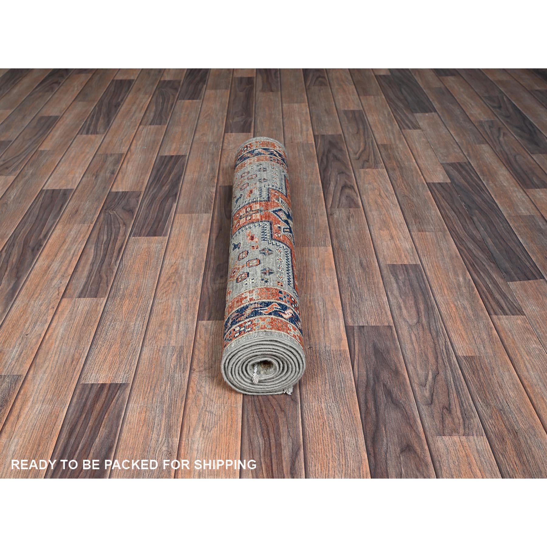 2'9"x7'6" Pastel Gray, Armenian Inspired Caucasian Design with Bird Figurines, 200 KPSI, Super Fine Wool, Hand Knotted, Denser Weave, Vegetable Dyes, Runner, Oriental Rug Sh1149