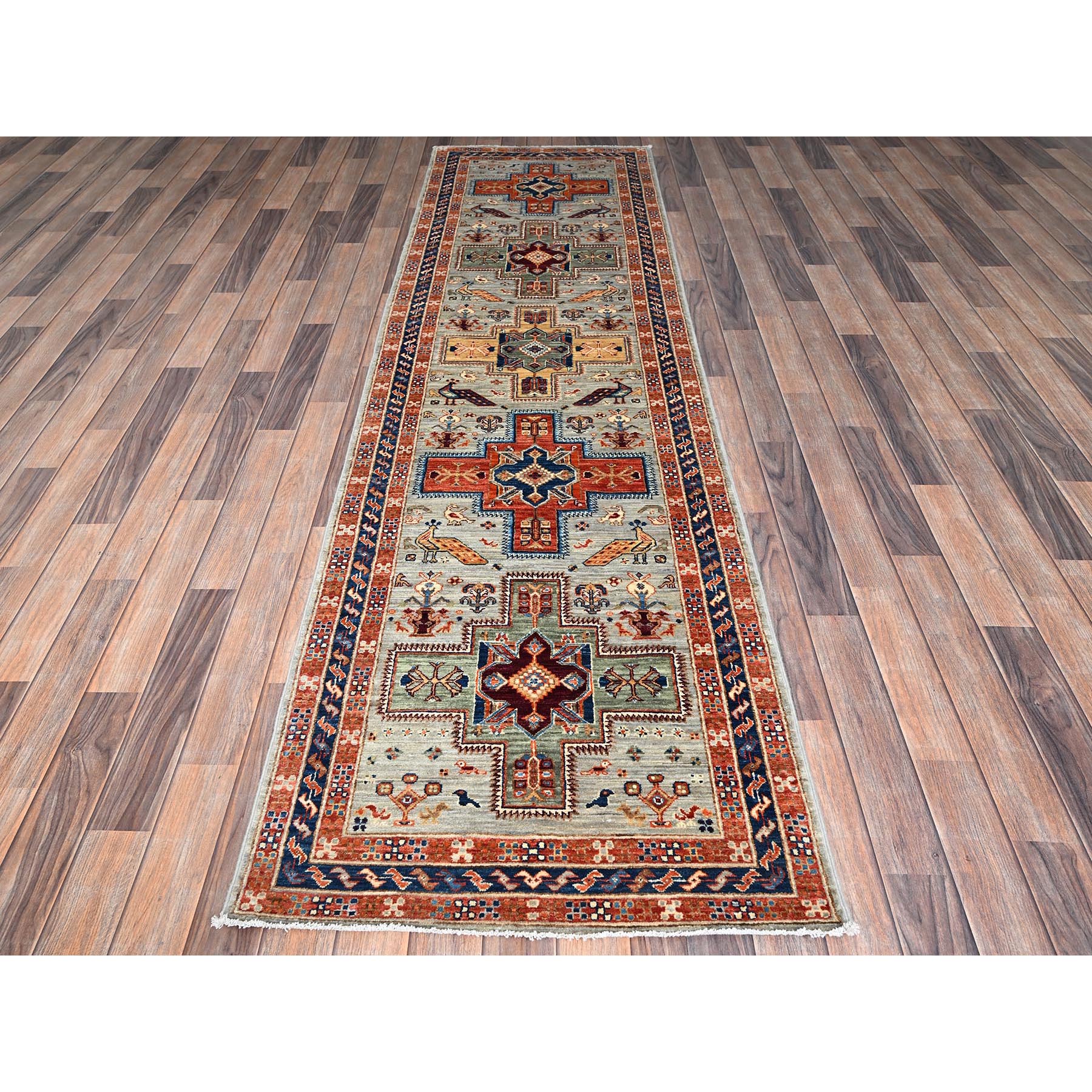 2'8"x9'7" Misty Gray, Armenian Inspired Caucasian Design with Bird Figurines, 200 KPSI, Super Fine Wool, Hand Knotted, Denser Weave, Vegetable Dyes, Runner, Oriental Rug Sh1150