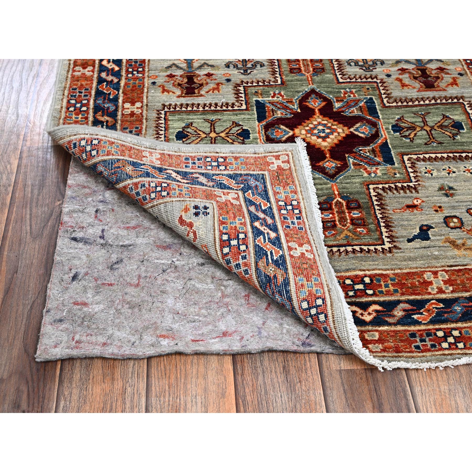 2'8"x9'7" Misty Gray, Armenian Inspired Caucasian Design with Bird Figurines, 200 KPSI, Super Fine Wool, Hand Knotted, Denser Weave, Vegetable Dyes, Runner, Oriental Rug Sh1150