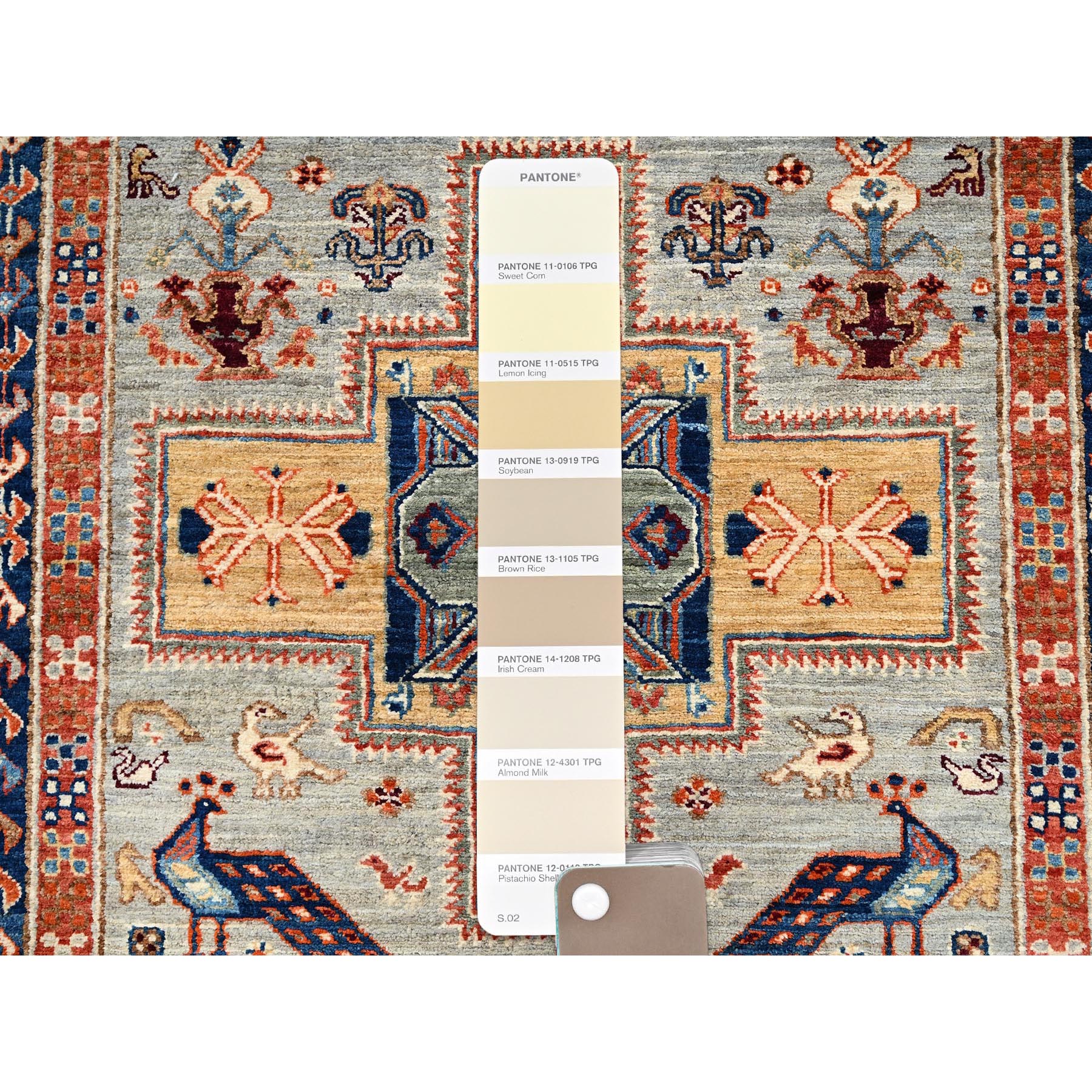2'8"x9'7" Misty Gray, Armenian Inspired Caucasian Design with Bird Figurines, 200 KPSI, Super Fine Wool, Hand Knotted, Denser Weave, Vegetable Dyes, Runner, Oriental Rug Sh1150