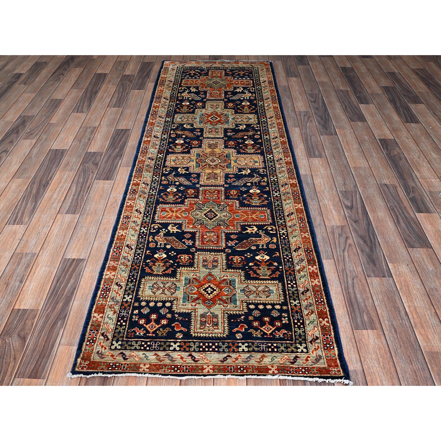 2'7"x8' Sailor Blue, Armenian Inspired Caucasian Design, Small Bird Figurines, 200 KPSI, Hand Knotted, Natural Dyes, Velvety Wool, Densely Woven, Runner, Oriental Rug Sh1151