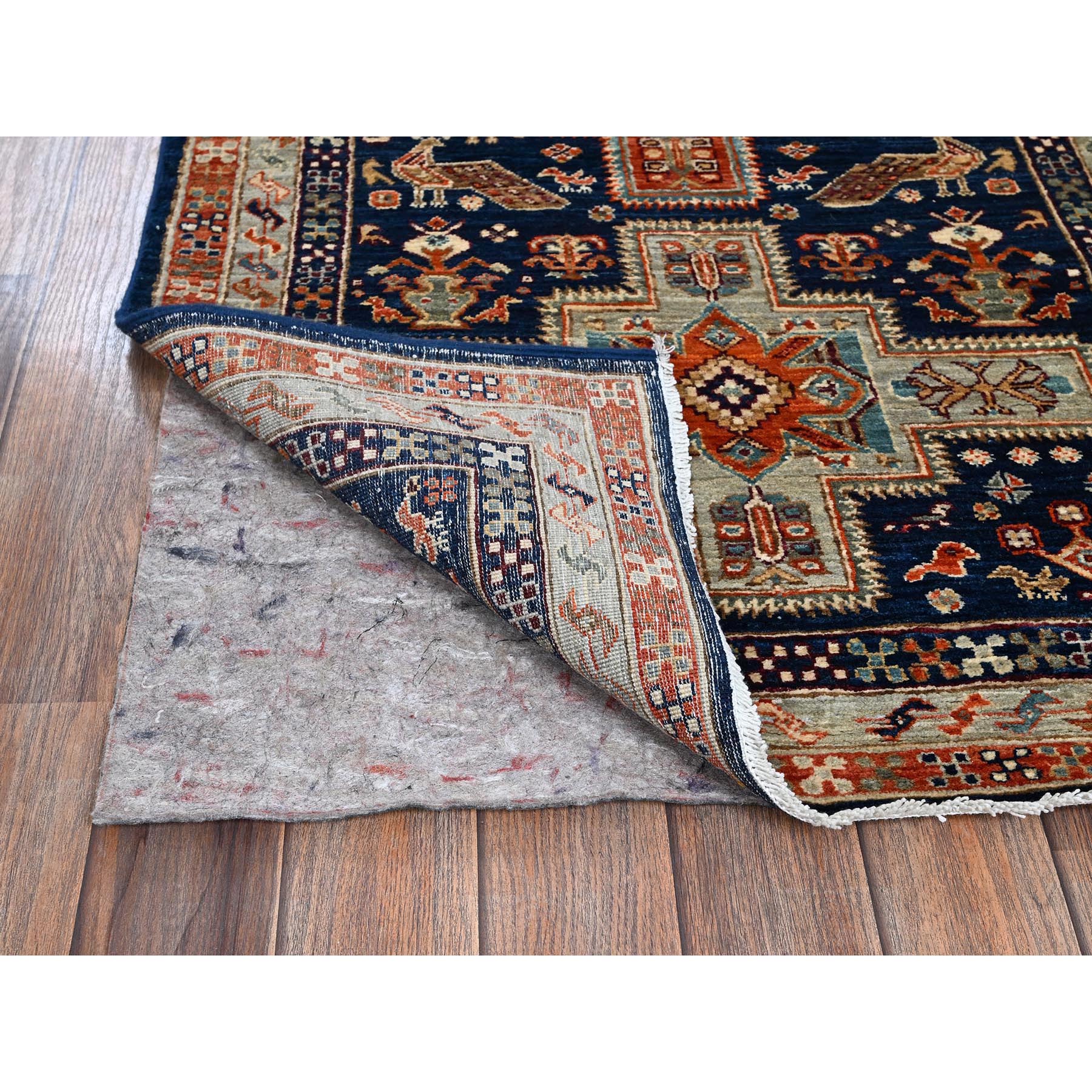 2'7"x8' Sailor Blue, Armenian Inspired Caucasian Design, Small Bird Figurines, 200 KPSI, Hand Knotted, Natural Dyes, Velvety Wool, Densely Woven, Runner, Oriental Rug Sh1151