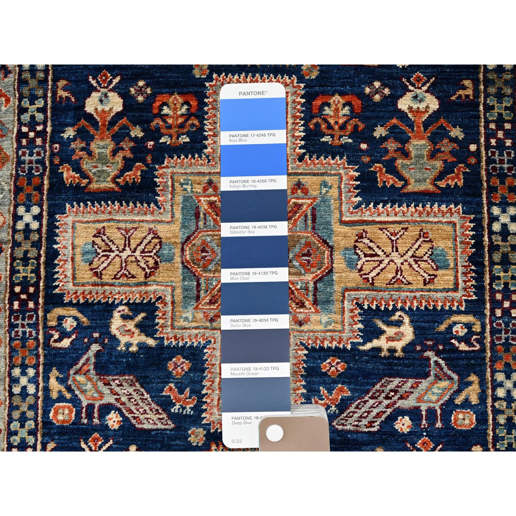 2'7"x8' Sailor Blue, Armenian Inspired Caucasian Design, Small Bird Figurines, 200 KPSI, Hand Knotted, Natural Dyes, Velvety Wool, Densely Woven, Runner, Oriental Rug Sh1151
