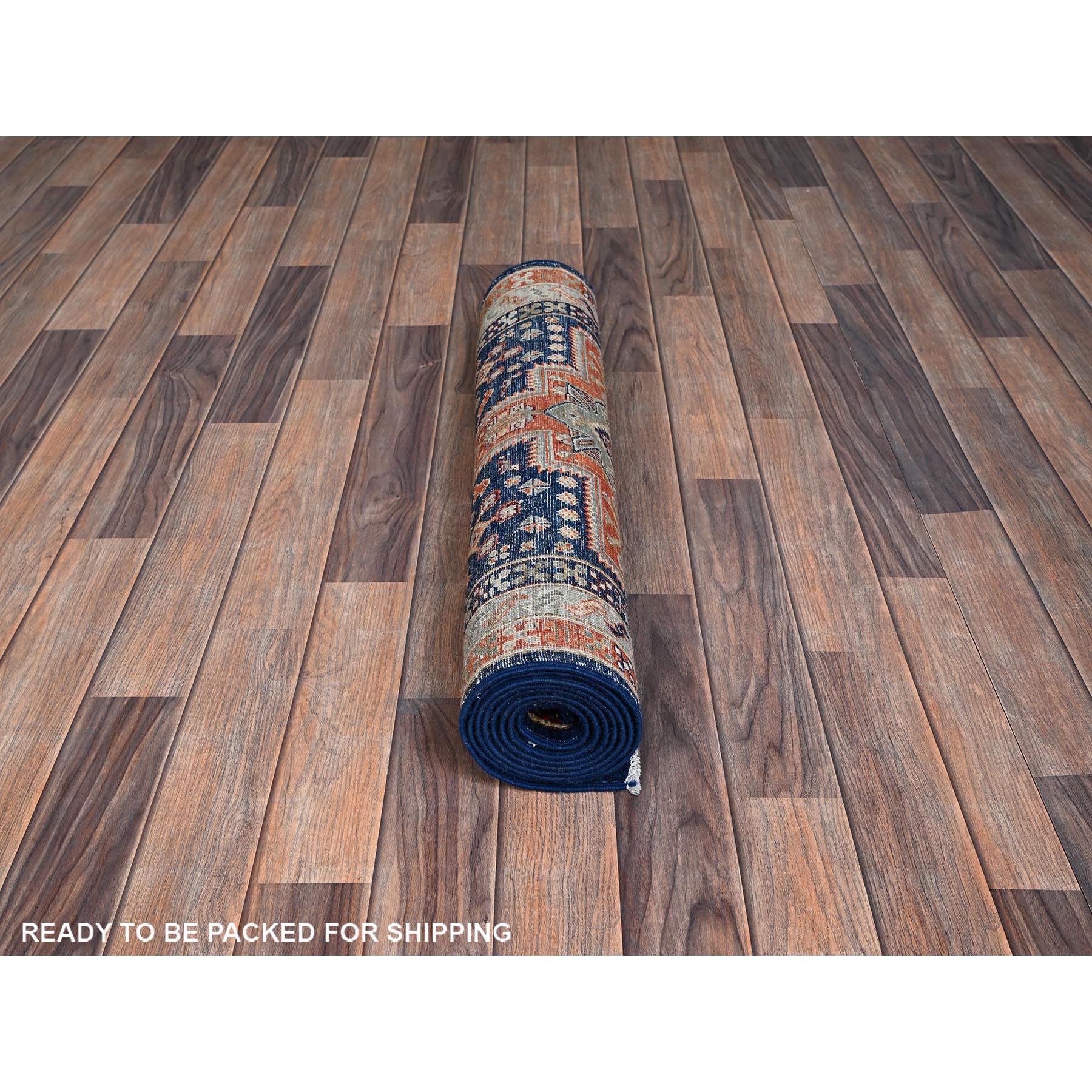 2'7"x8' Sailor Blue, Armenian Inspired Caucasian Design, Small Bird Figurines, 200 KPSI, Hand Knotted, Natural Dyes, Velvety Wool, Densely Woven, Runner, Oriental Rug Sh1151