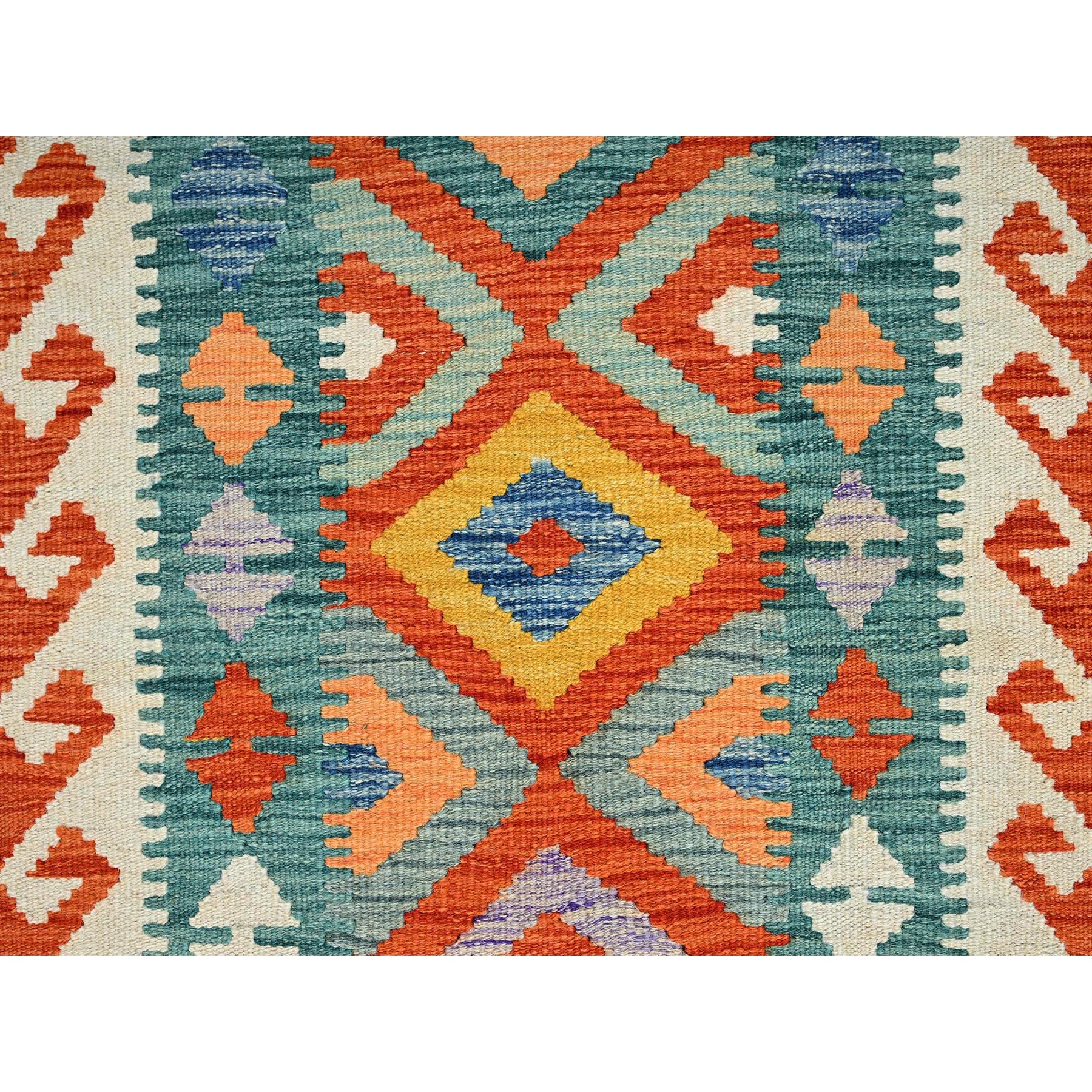 2'3"x6'5" Turkish Blue, Afghan Kilim with Colorful Geometric Pattern, Pure Wool, Natural Dyes, Flat Weave, Hand Woven, Reversible, Narrow Runner, Oriental Rug Sh1154