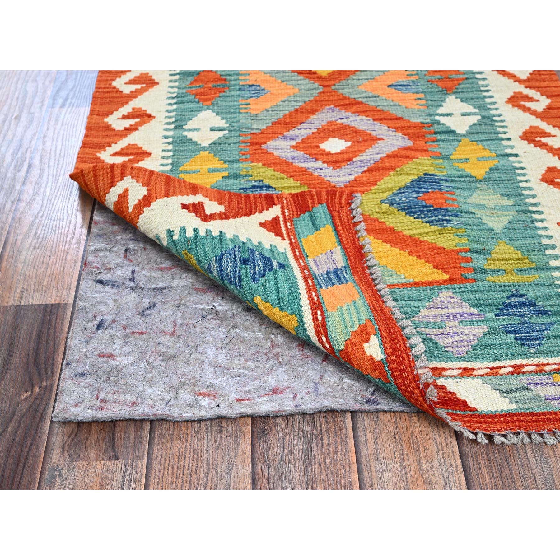 2'3"x6'5" Turkish Blue, Afghan Kilim with Colorful Geometric Pattern, Pure Wool, Natural Dyes, Flat Weave, Hand Woven, Reversible, Narrow Runner, Oriental Rug Sh1154