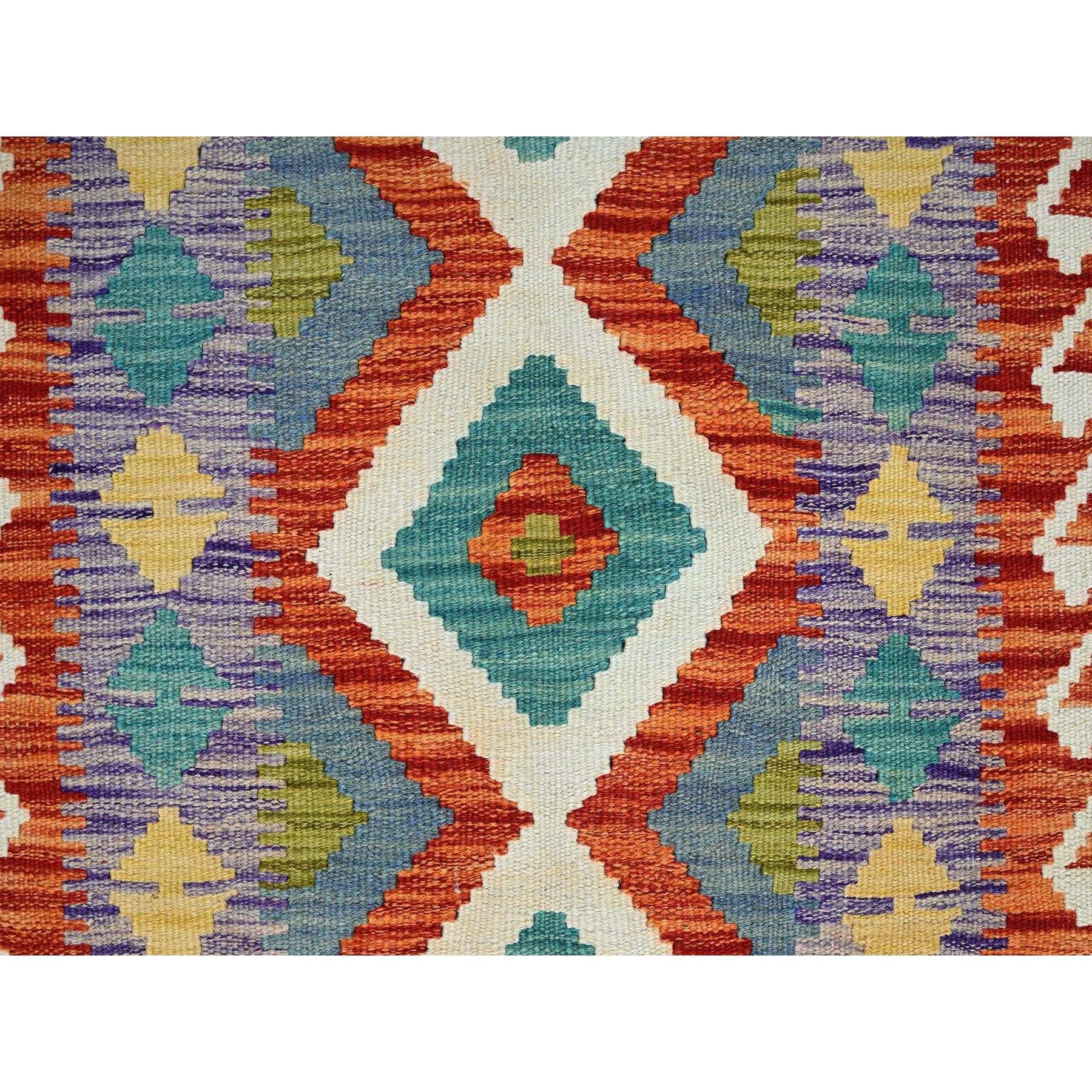 2'5"x6' Heather Purple, Afghan Kilim with Colorful Geometric Pattern, Pure Wool, Vegetable Dyes, Flat Weave, Hand Woven, Reversible, Narrow Runner, Oriental Rug Sh1155