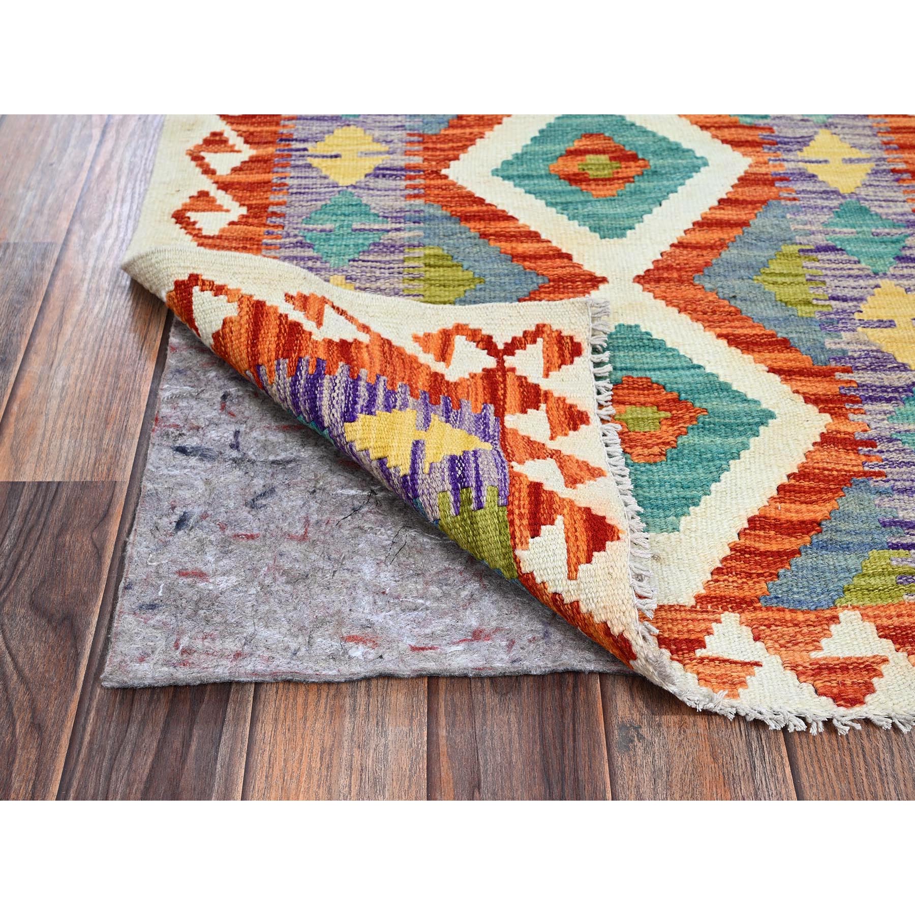 2'5"x6' Heather Purple, Afghan Kilim with Colorful Geometric Pattern, Pure Wool, Vegetable Dyes, Flat Weave, Hand Woven, Reversible, Narrow Runner, Oriental Rug Sh1155