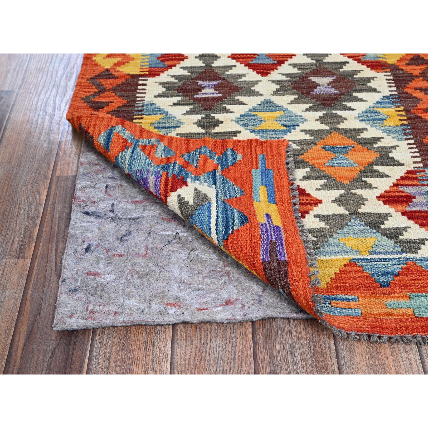 2'2"x6'5" Frosted Almond White, Afghan Kilim with Colorful Geometric Pattern, 100% Wool, Vegetable Dyes, Flat Weave, Hand Woven, Reversible, Narrow Runner, Oriental Rug Sh1156