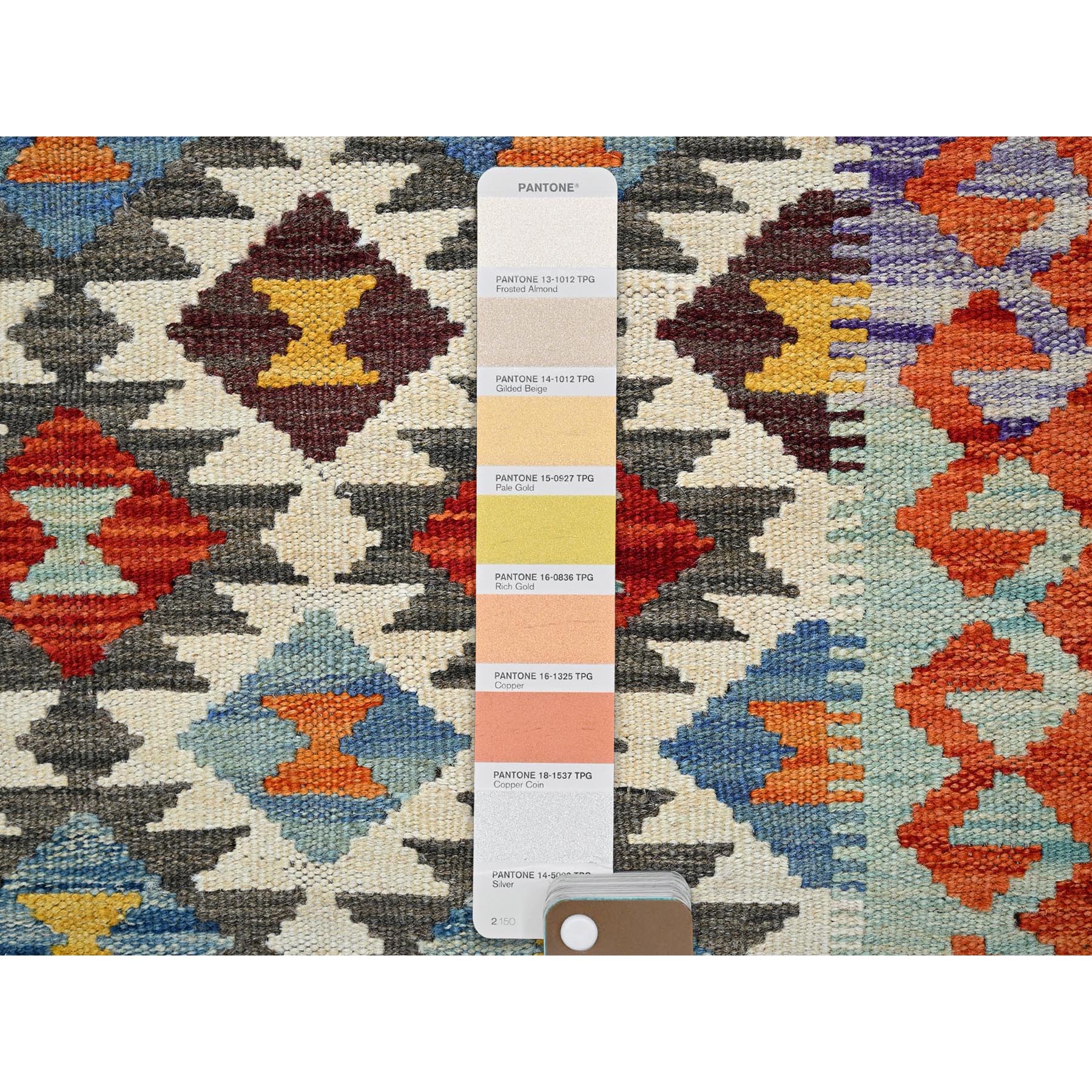 2'2"x6'5" Frosted Almond White, Afghan Kilim with Colorful Geometric Pattern, 100% Wool, Vegetable Dyes, Flat Weave, Hand Woven, Reversible, Narrow Runner, Oriental Rug Sh1156