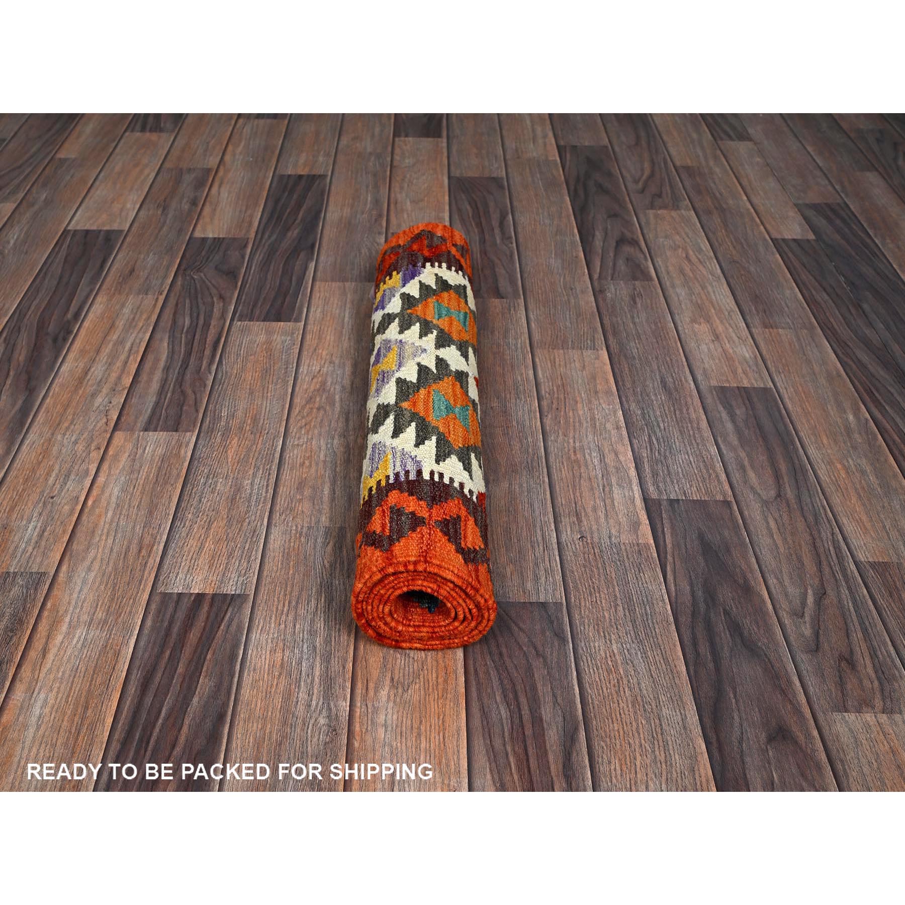 2'2"x6'5" Frosted Almond White, Afghan Kilim with Colorful Geometric Pattern, 100% Wool, Vegetable Dyes, Flat Weave, Hand Woven, Reversible, Narrow Runner, Oriental Rug Sh1156