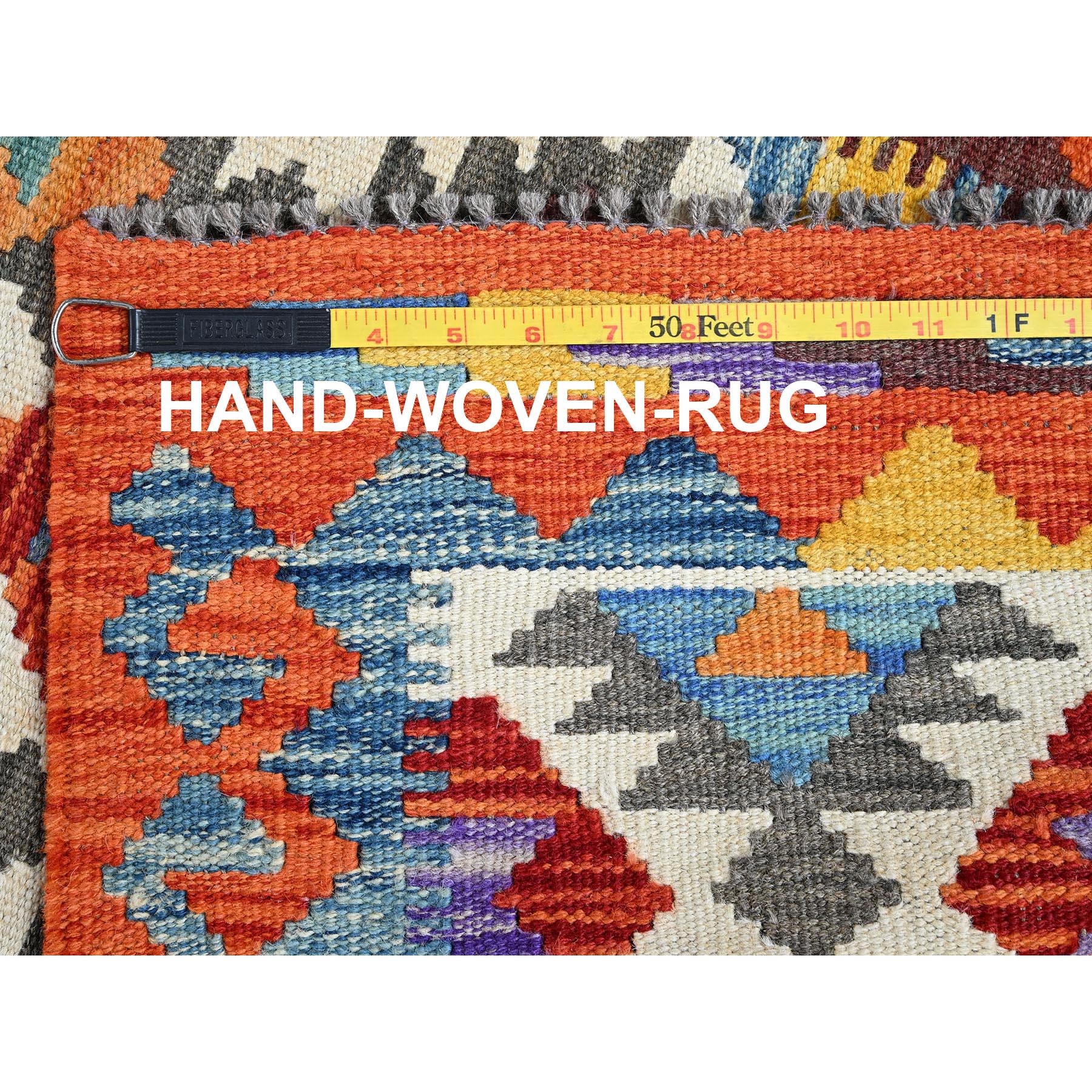 2'2"x6'5" Frosted Almond White, Afghan Kilim with Colorful Geometric Pattern, 100% Wool, Vegetable Dyes, Flat Weave, Hand Woven, Reversible, Narrow Runner, Oriental Rug Sh1156