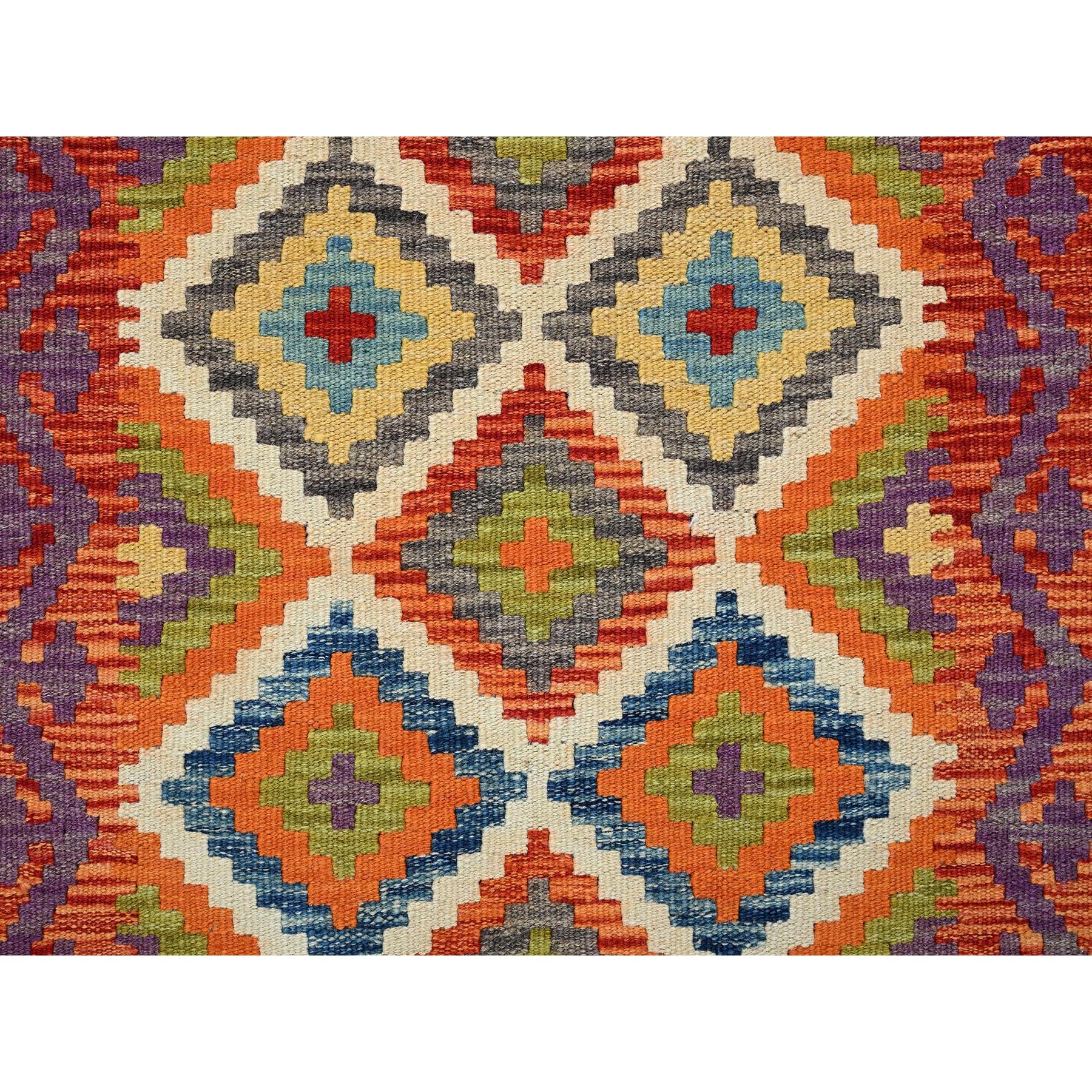 2'x6'4" Vivid Orange with Ivory, Afghan Kilim with Colorful Geometric Pattern, Pure Wool, Flat Weave, Hand Woven, Vegetable Dyes, Reversible, Narrow Runner, Oriental Rug Sh1157
