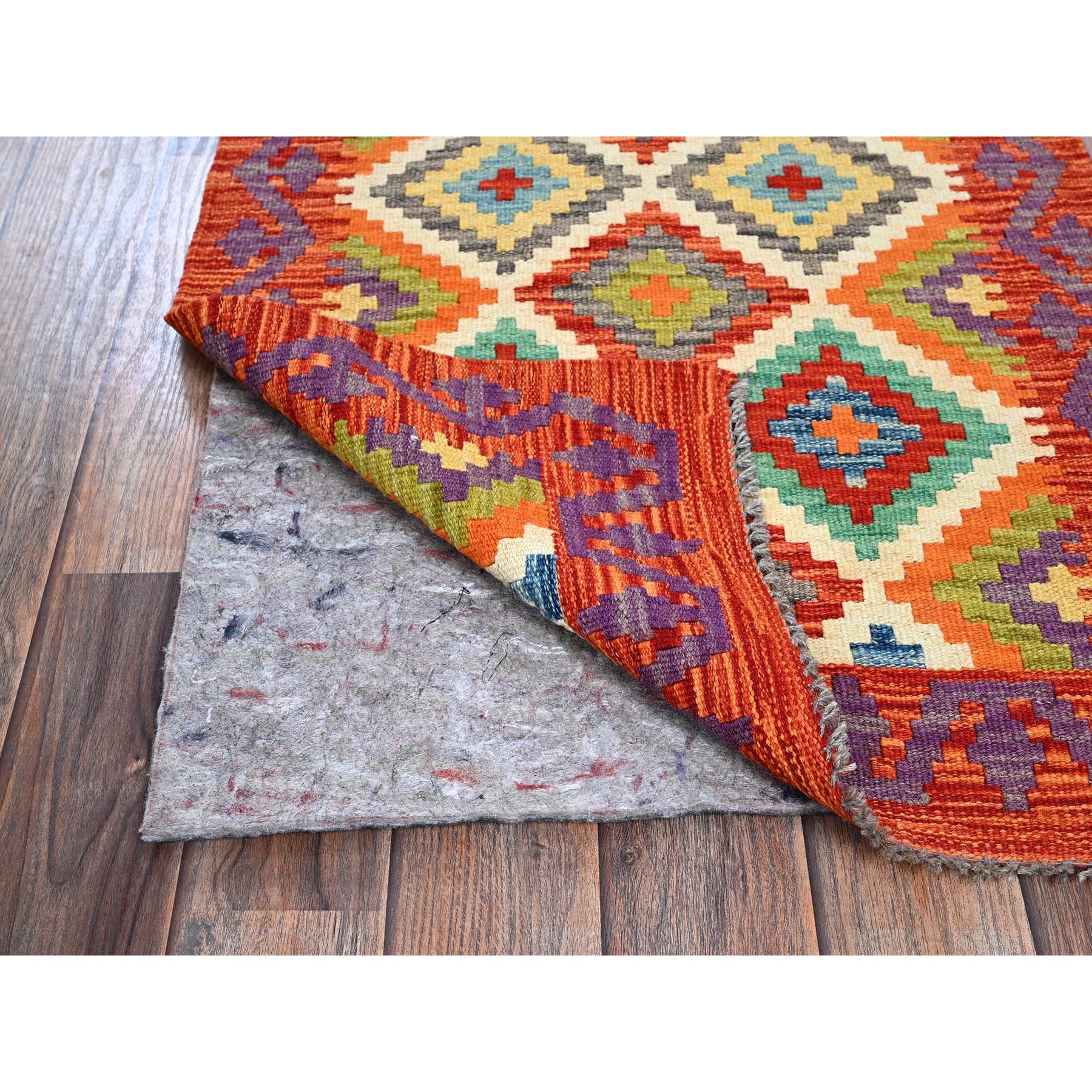 2'x6'4" Vivid Orange with Ivory, Afghan Kilim with Colorful Geometric Pattern, Pure Wool, Flat Weave, Hand Woven, Vegetable Dyes, Reversible, Narrow Runner, Oriental Rug Sh1157