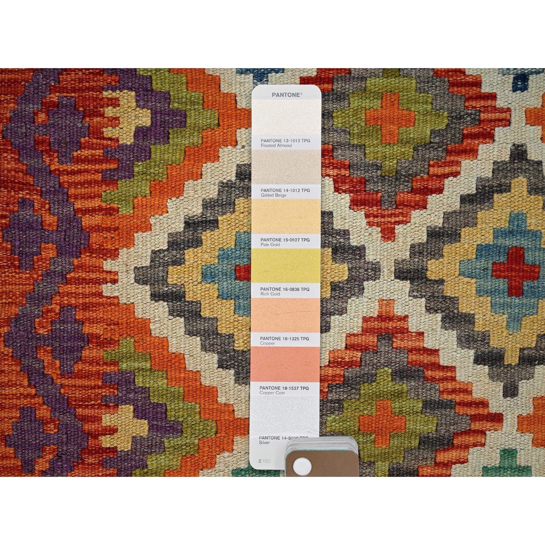 2'x6'4" Vivid Orange with Ivory, Afghan Kilim with Colorful Geometric Pattern, Pure Wool, Flat Weave, Hand Woven, Vegetable Dyes, Reversible, Narrow Runner, Oriental Rug Sh1157